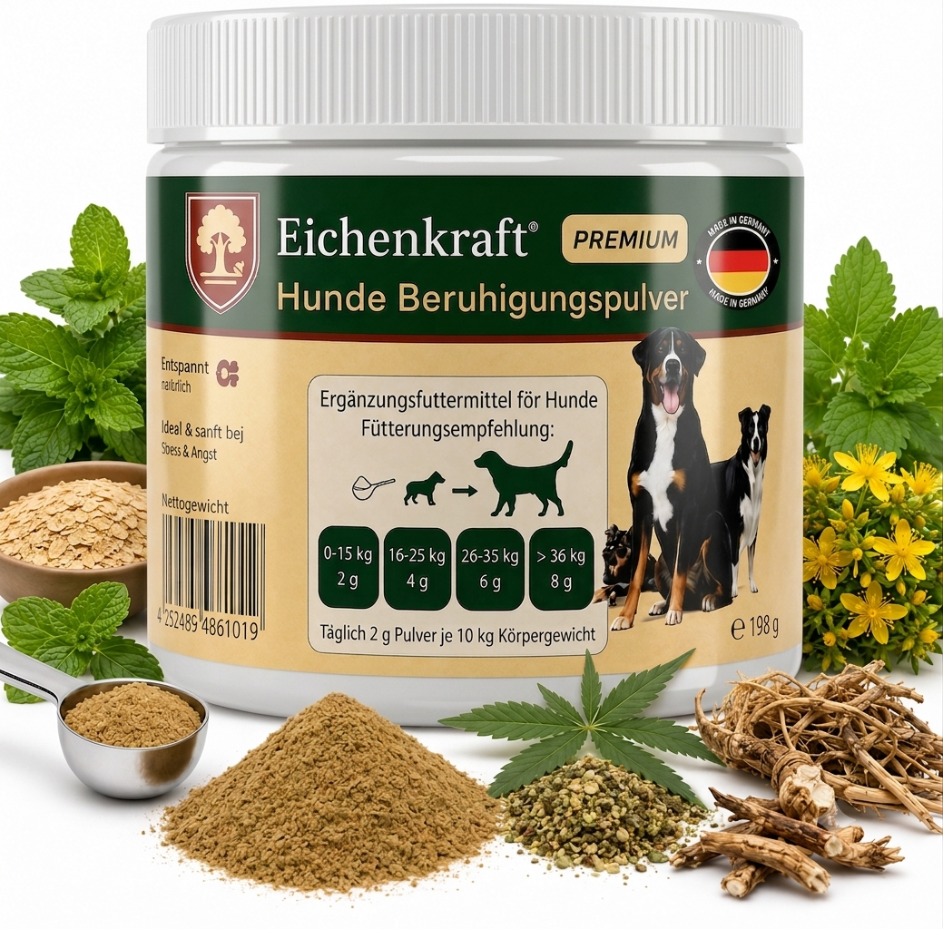 Premium Hunde Beruhigungspulver 180g – Stress & Angst Support Hund – Beruhigung Hund bei Unruhe, Silvester, Alleinsein – Natürliches Ergänzungsfuttermittel – Getreidefrei – Made in Germany