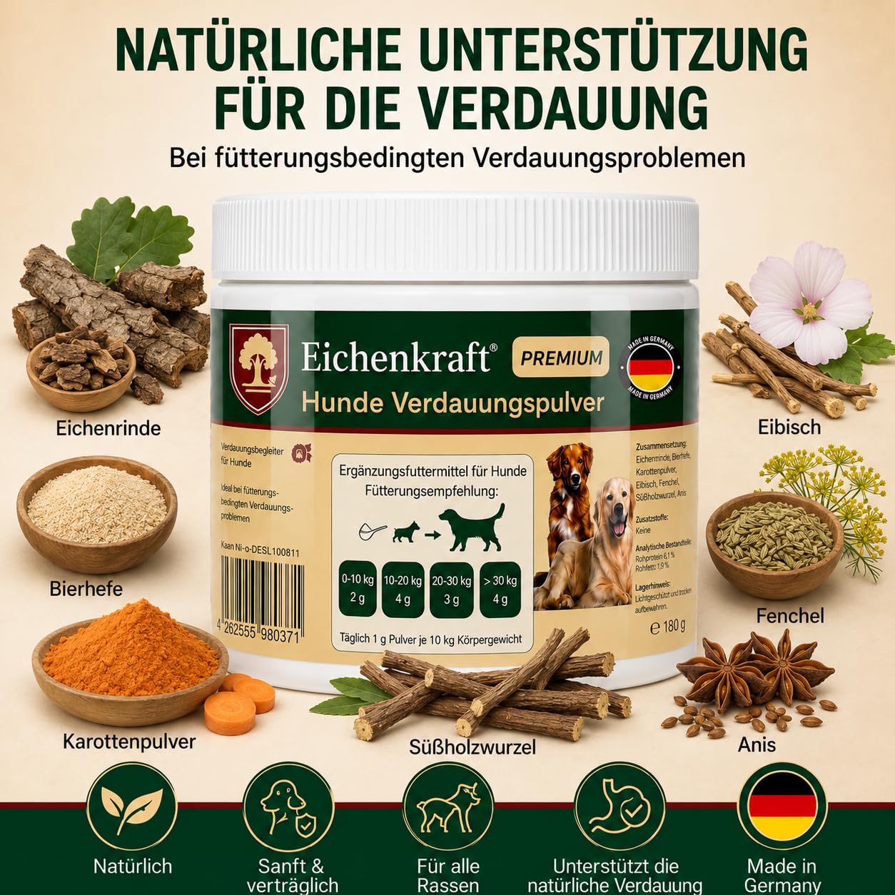 Eichenkraft Premium Hunde Verdauungspulver - 180g