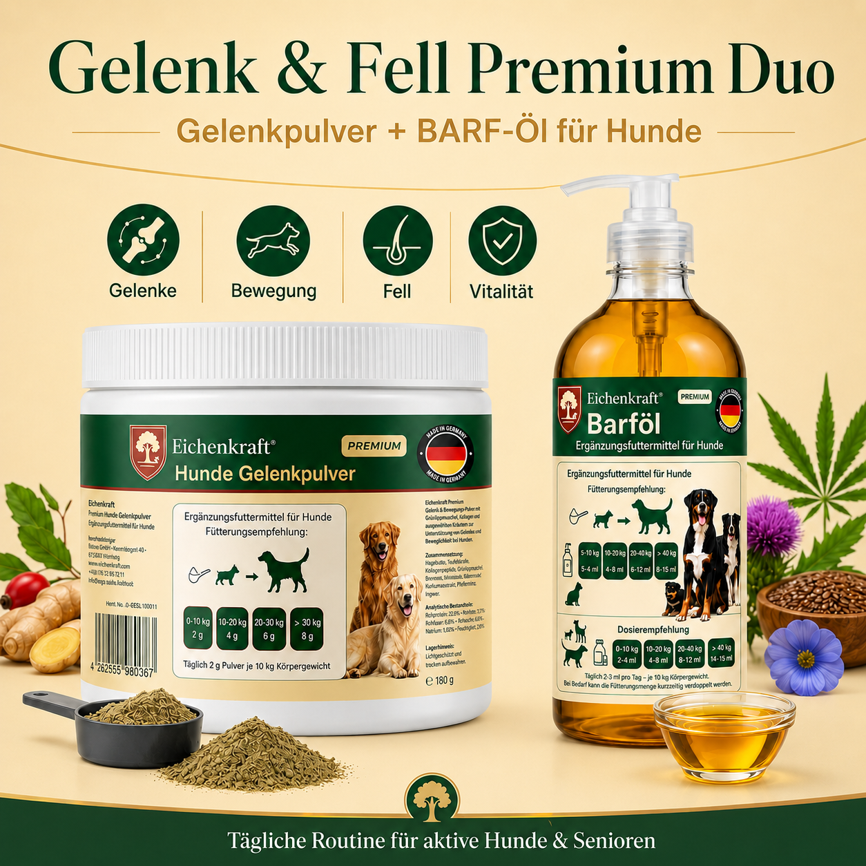 Eichenkraft BARF-Starter Set – Gelenkpulver 180 g + BARF Öl 500 ml