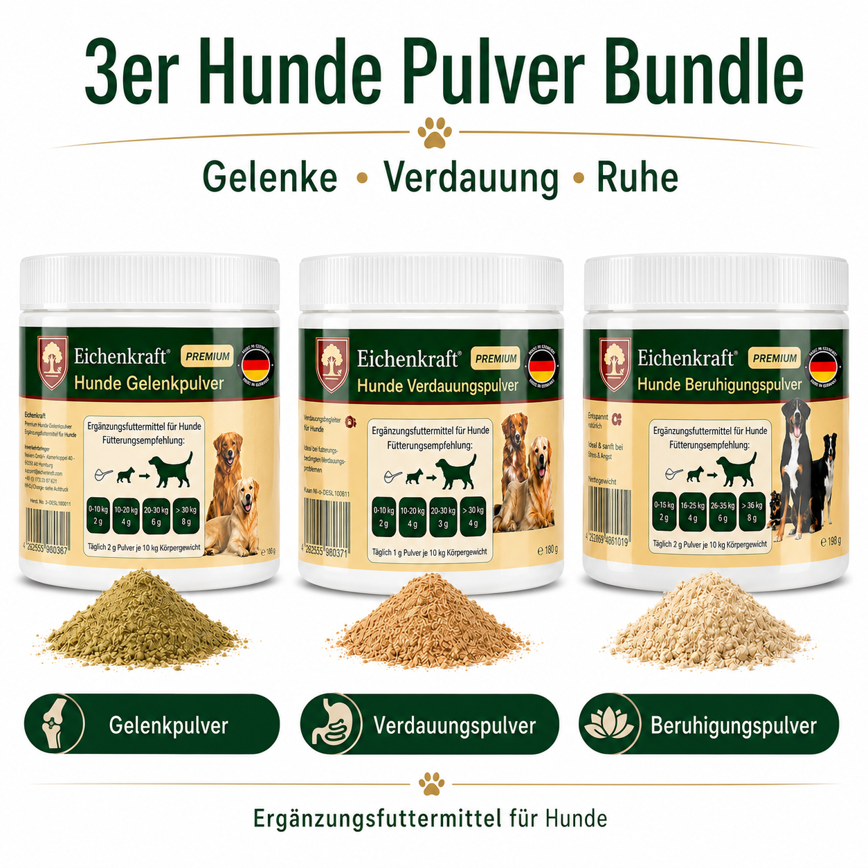 Eichenkraft Hunde Pulver 3er Set – Gelenk, Verdauung & Ruhe (3 × 180 g)