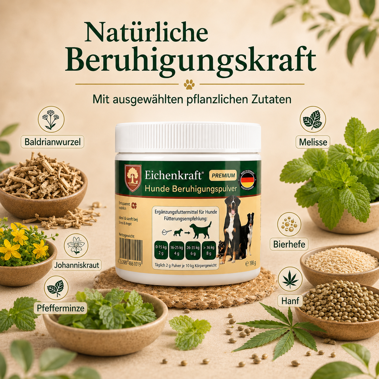 Premium Hunde Beruhigungspulver 180g – Stress & Angst Support Hund – Beruhigung Hund bei Unruhe, Silvester, Alleinsein – Natürliches Ergänzungsfuttermittel – Getreidefrei – Made in Germany