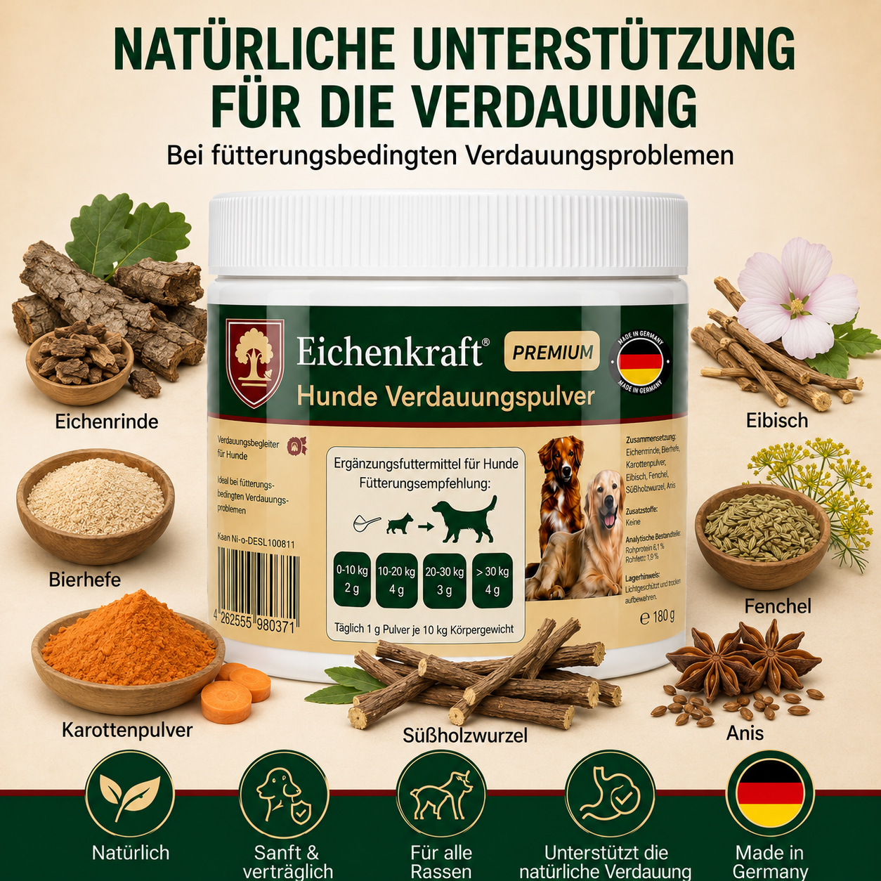Premium Hunde Verdauungspulver 180g – Probiotika für Hunde Darmflora – Magen Darm Pulver Hund – Unterstützung Verdauung & Kotkonsistenz – Natürliches Ergänzungsfuttermittel Hund – Made in Germany