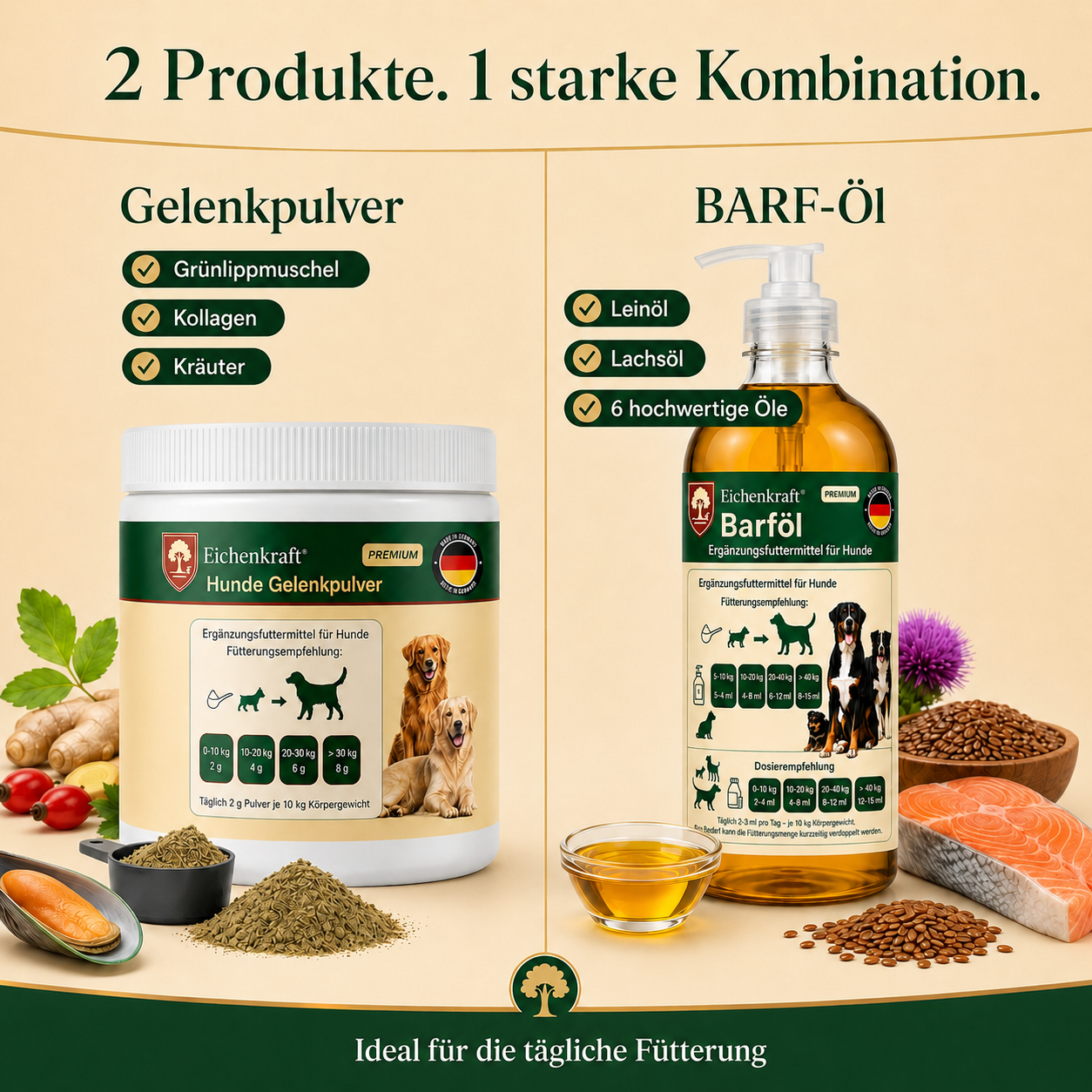 Eichenkraft BARF-Starter Set – Gelenkpulver 180 g + BARF Öl 500 ml