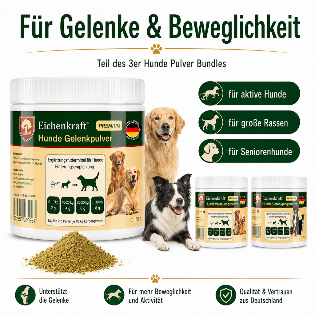Eichenkraft Hunde Pulver 3er Set – Gelenk, Verdauung & Ruhe (3 × 180 g)