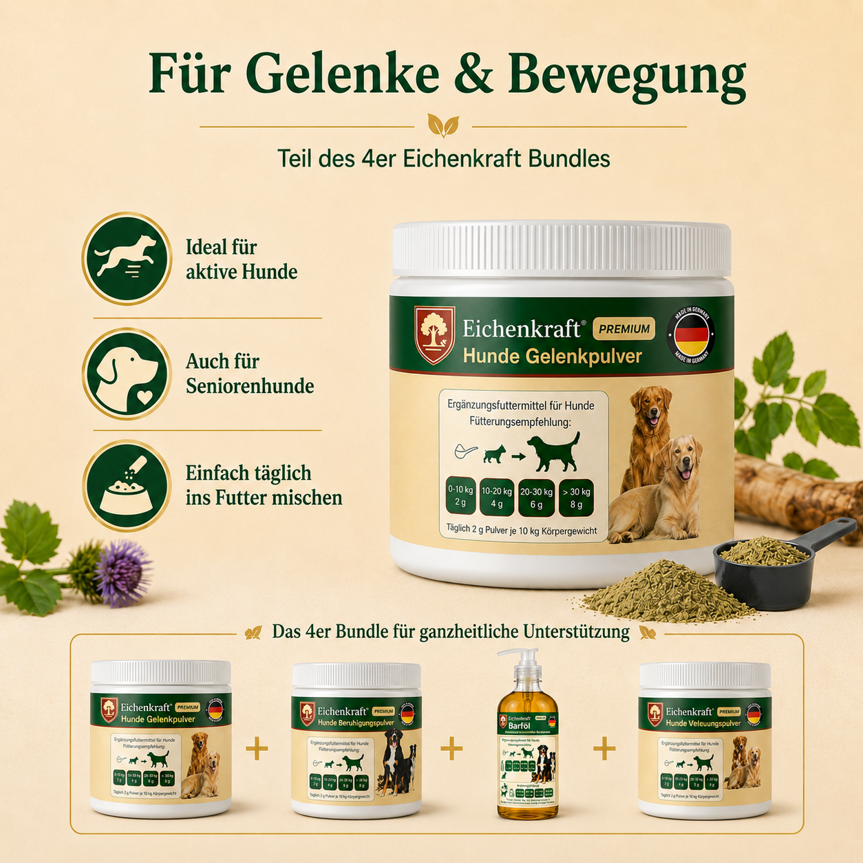 Eichenkraft Komplett-Set 4er – 3 × Hunde Pulver + BARF Öl (3 × 180 g + 500 ml)