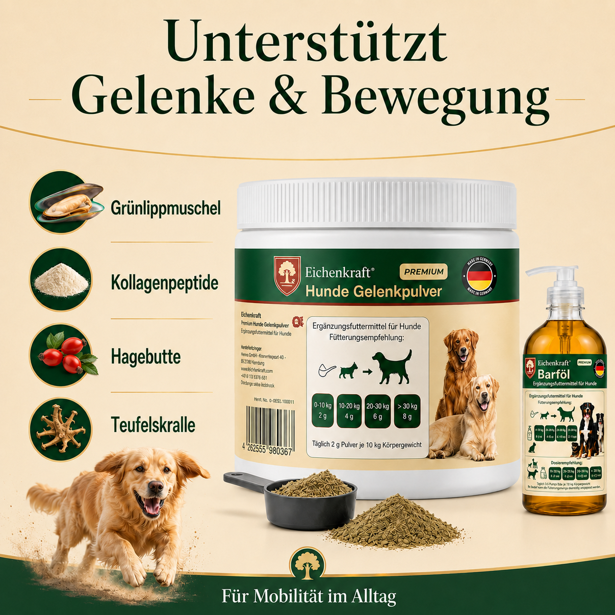 Eichenkraft BARF-Starter Set – Gelenkpulver 180 g + BARF Öl 500 ml