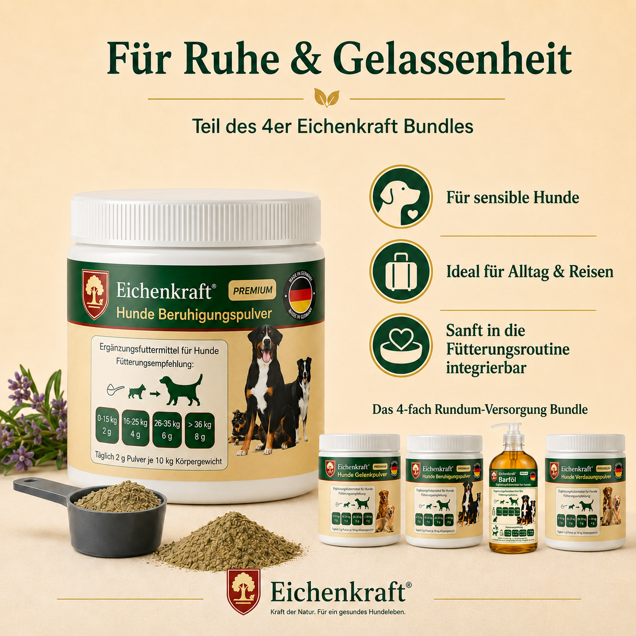 Eichenkraft Komplett-Set 4er – 3 × Hunde Pulver + BARF Öl (3 × 180 g + 500 ml)