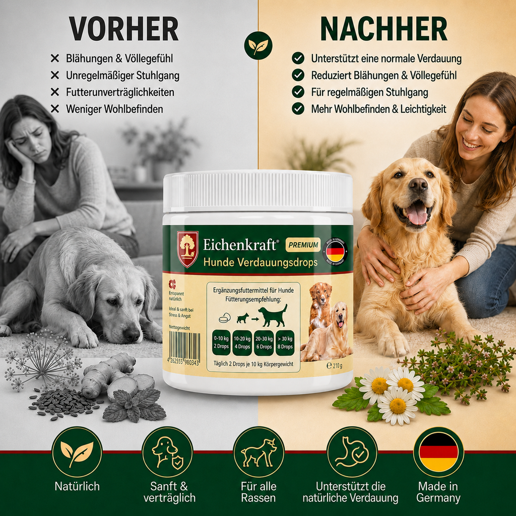 Premium Hunde Verdauungsdrops 270g – Ergänzungsfuttermittel für Hunde mit Kräutern, Leinsamen & Ballaststoffen, Verdauung Drops für Darmflora Magen Darm Wohlbefinden & tägliche Fütterung