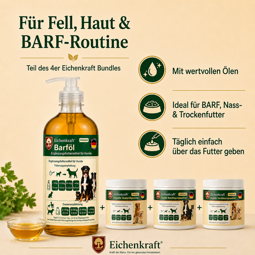 Eichenkraft Komplett-Set 4er – 3 × Hunde Pulver + BARF Öl (3 × 180 g + 500 ml)