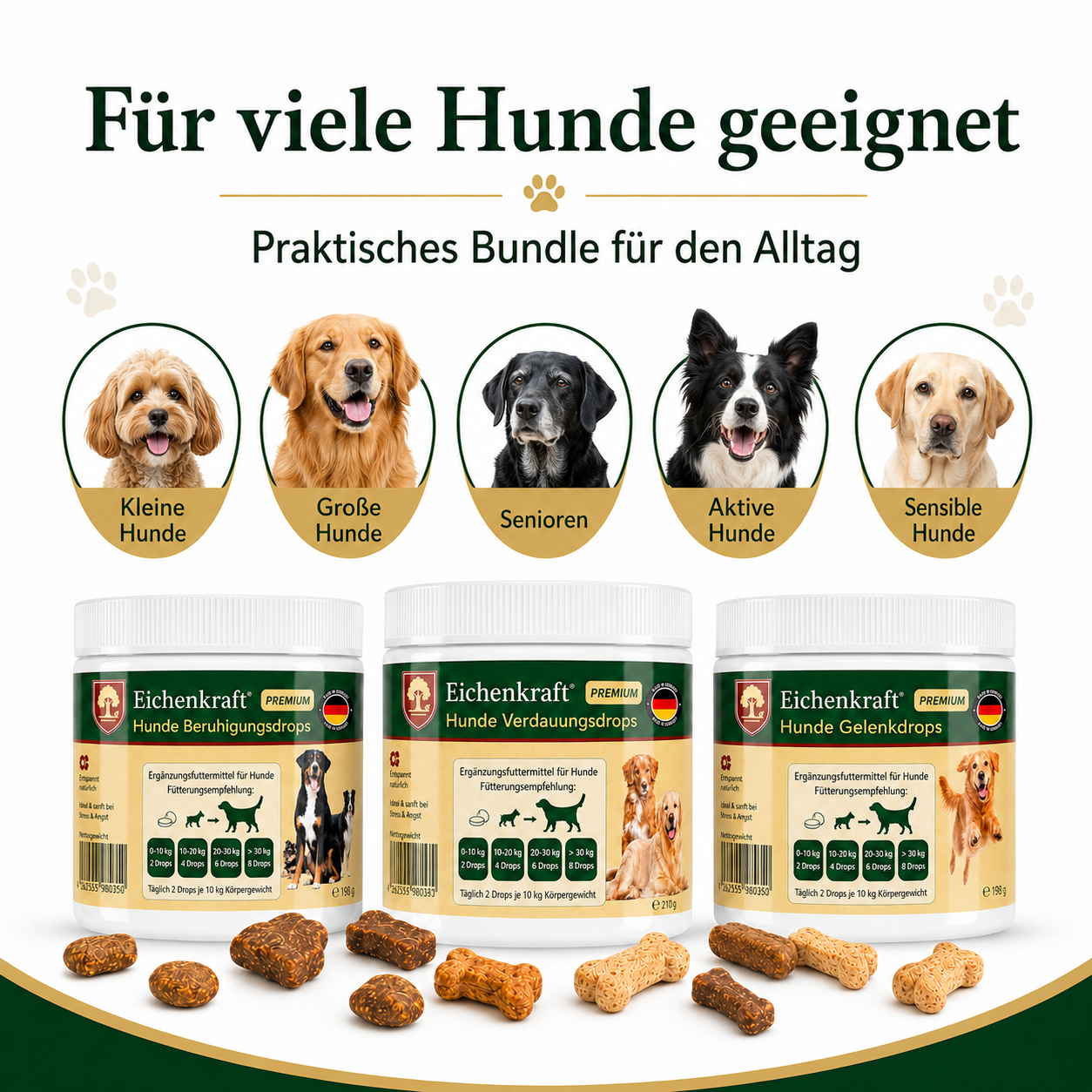 Eichenkraft Hunde Drops 3er Set – Gelenk, Verdauung & Ruhe (3 × 270 g)