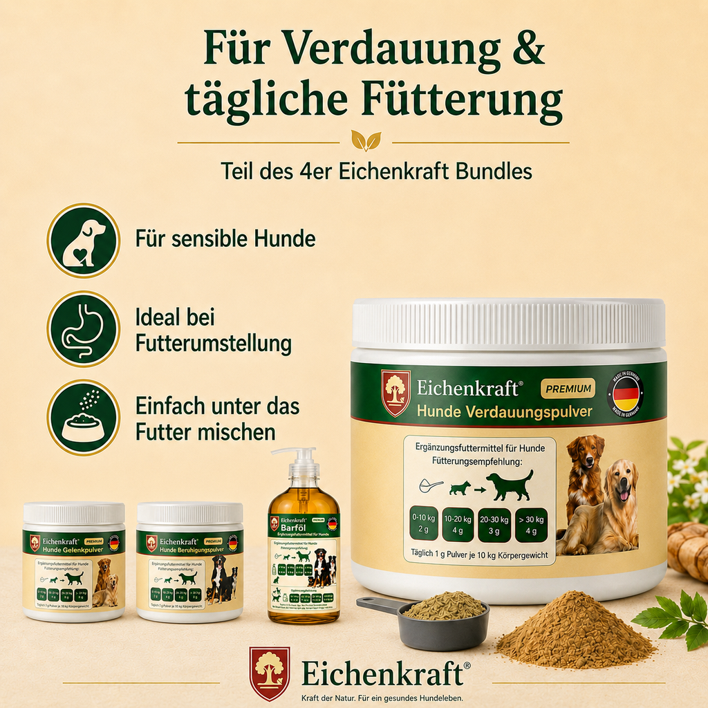 Eichenkraft Komplett-Set 4er – 3 × Hunde Pulver + BARF Öl (3 × 180 g + 500 ml)