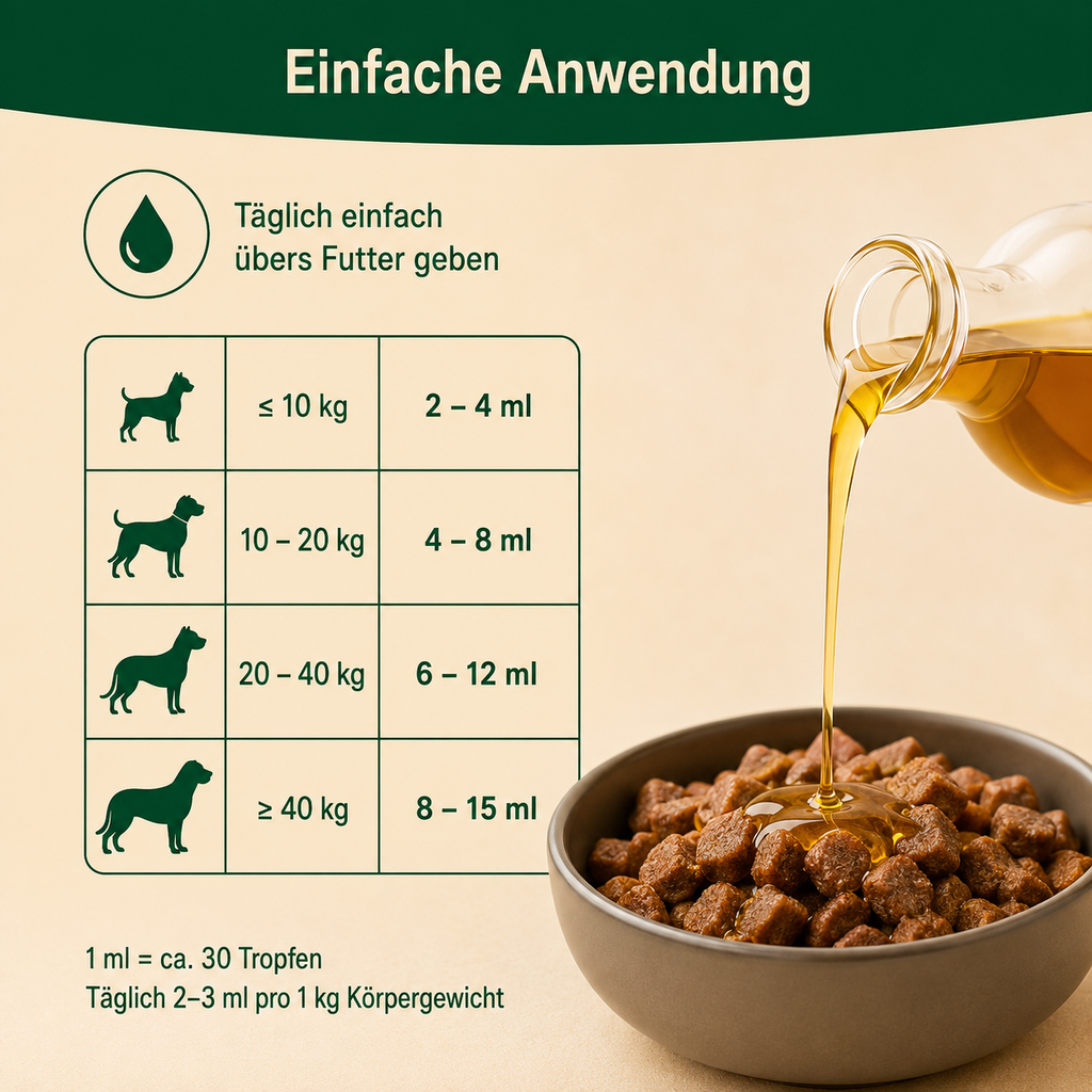 Premium Barf Öl für Hunde 500ml – Ergänzungsfuttermittel mit Lachsöl, Leinöl, Hanföl & Schwarzkümmelöl – 100% naturreine Ölmischung – Unterstützung für Fell, Haut & Wohlbefinden – Made in Germany