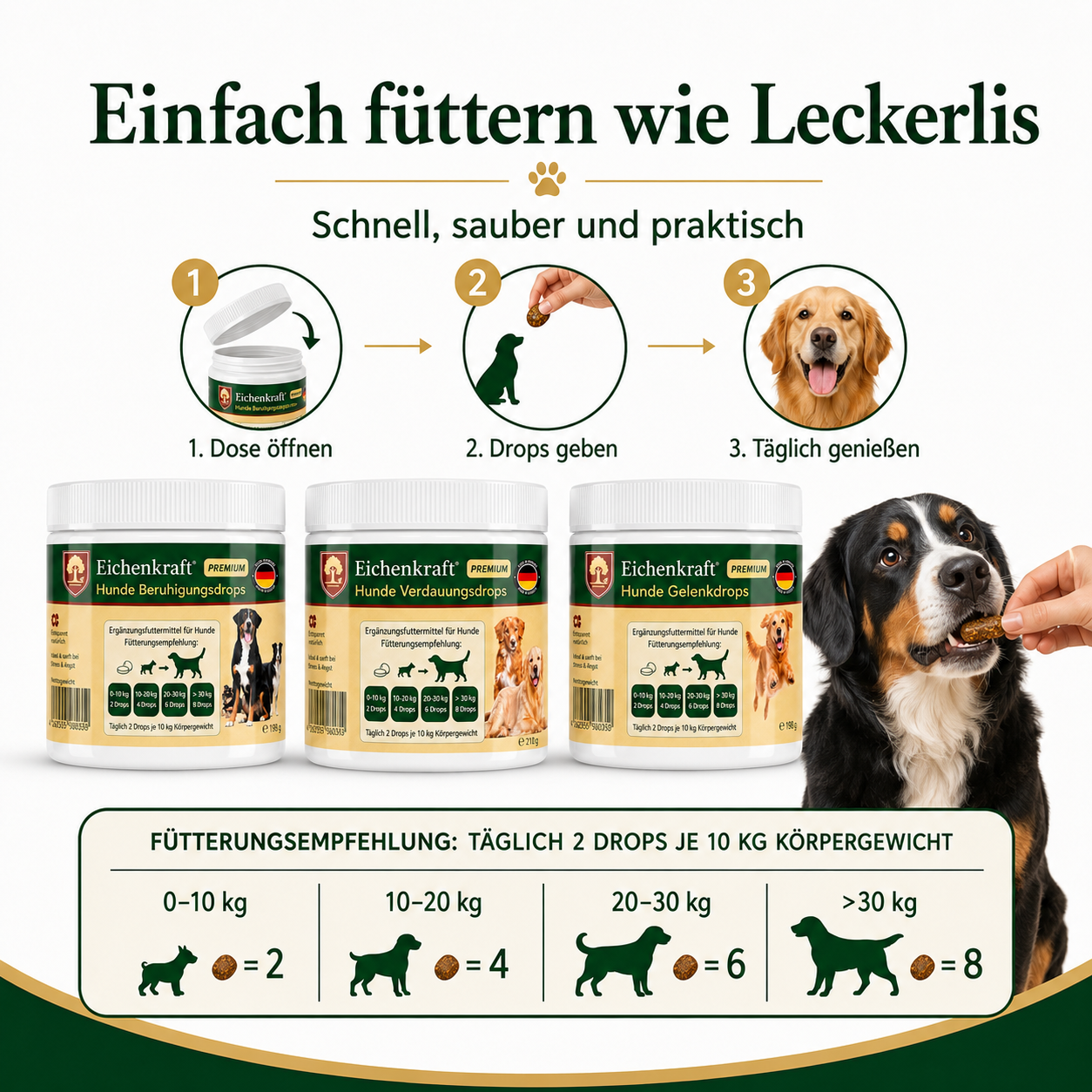 Eichenkraft Hunde Drops 3er Set – Gelenk, Verdauung & Ruhe (3 × 270 g)