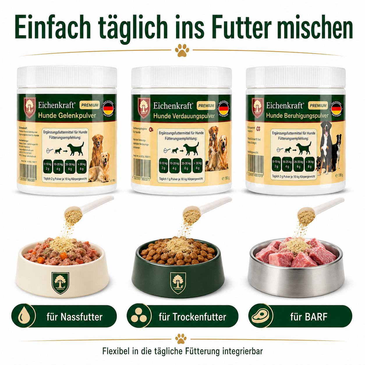 Eichenkraft Hunde Pulver 3er Set – Gelenk, Verdauung & Ruhe (3 × 180 g)