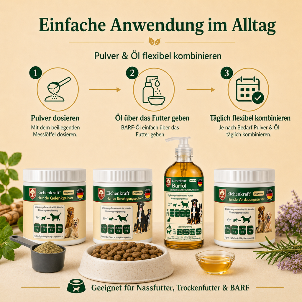 Eichenkraft Komplett-Set 4er – 3 × Hunde Pulver + BARF Öl (3 × 180 g + 500 ml)