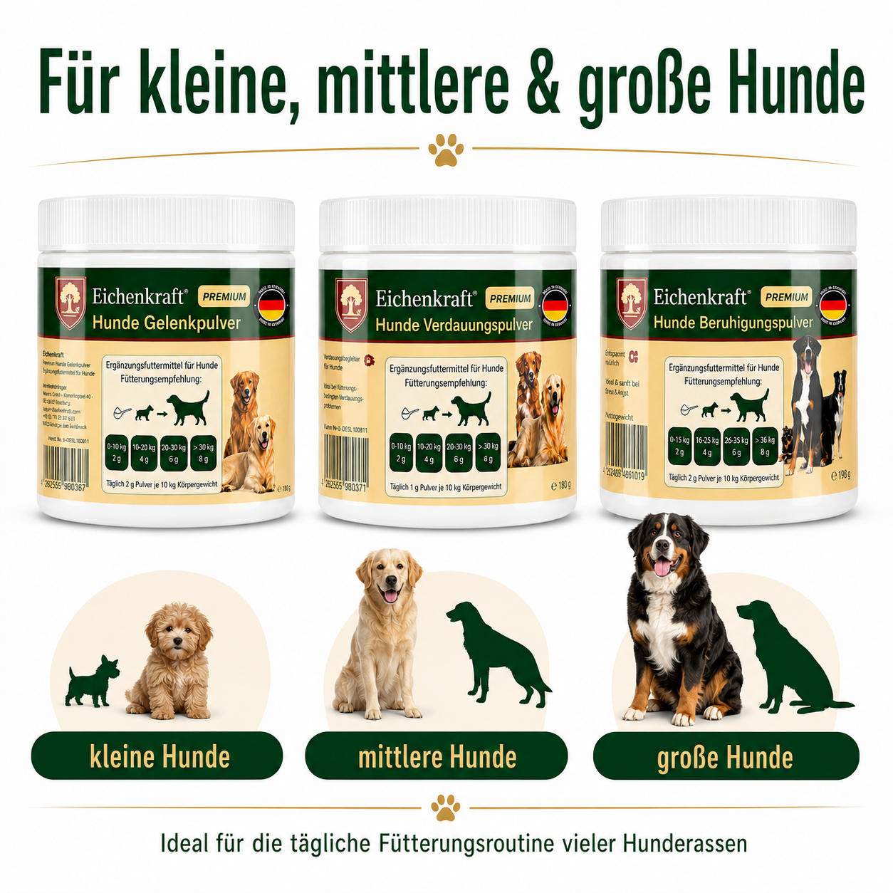 Eichenkraft Hunde Pulver 3er Set – Gelenk, Verdauung & Ruhe (3 × 180 g)
