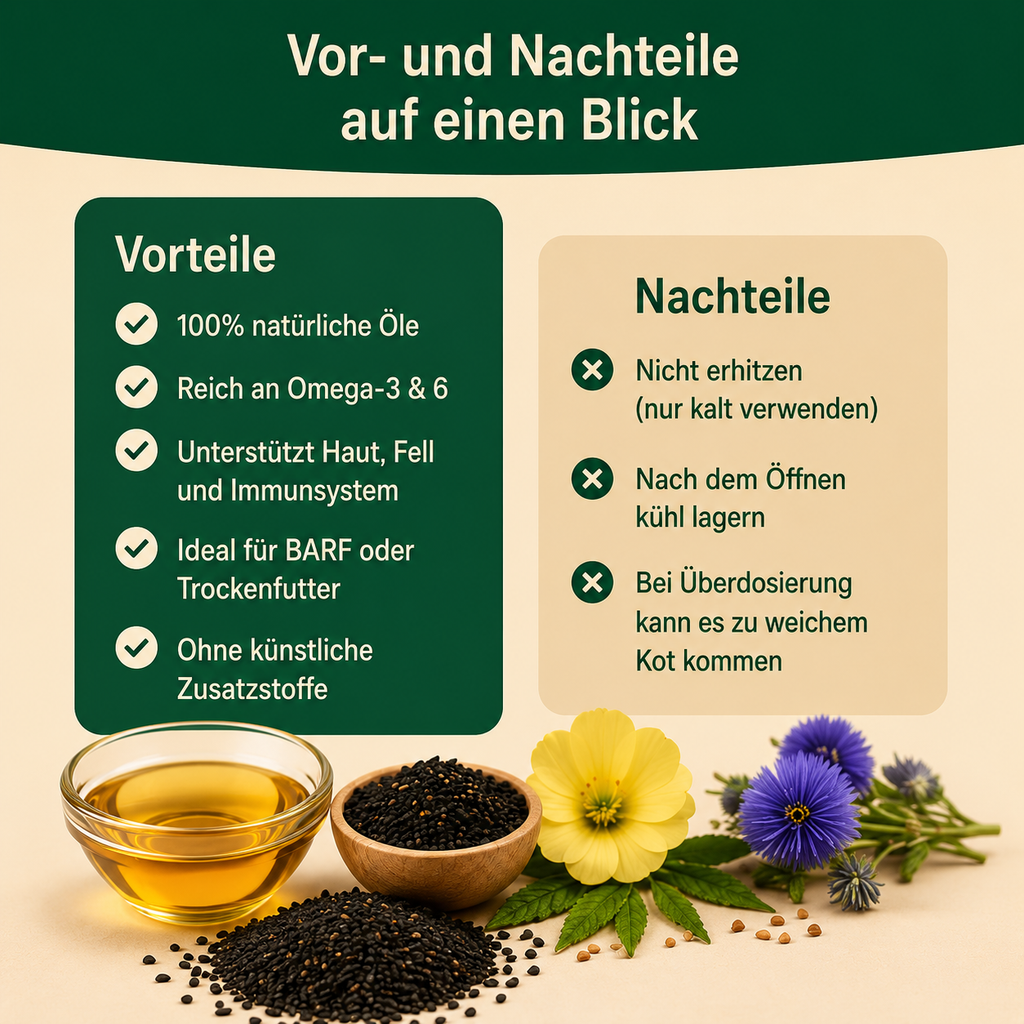 Premium Barf Öl für Hunde 500ml – Ergänzungsfuttermittel mit Lachsöl, Leinöl, Hanföl & Schwarzkümmelöl – 100% naturreine Ölmischung – Unterstützung für Fell, Haut & Wohlbefinden – Made in Germany