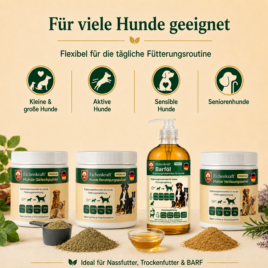 Eichenkraft Komplett-Set 4er – 3 × Hunde Pulver + BARF Öl (3 × 180 g + 500 ml)