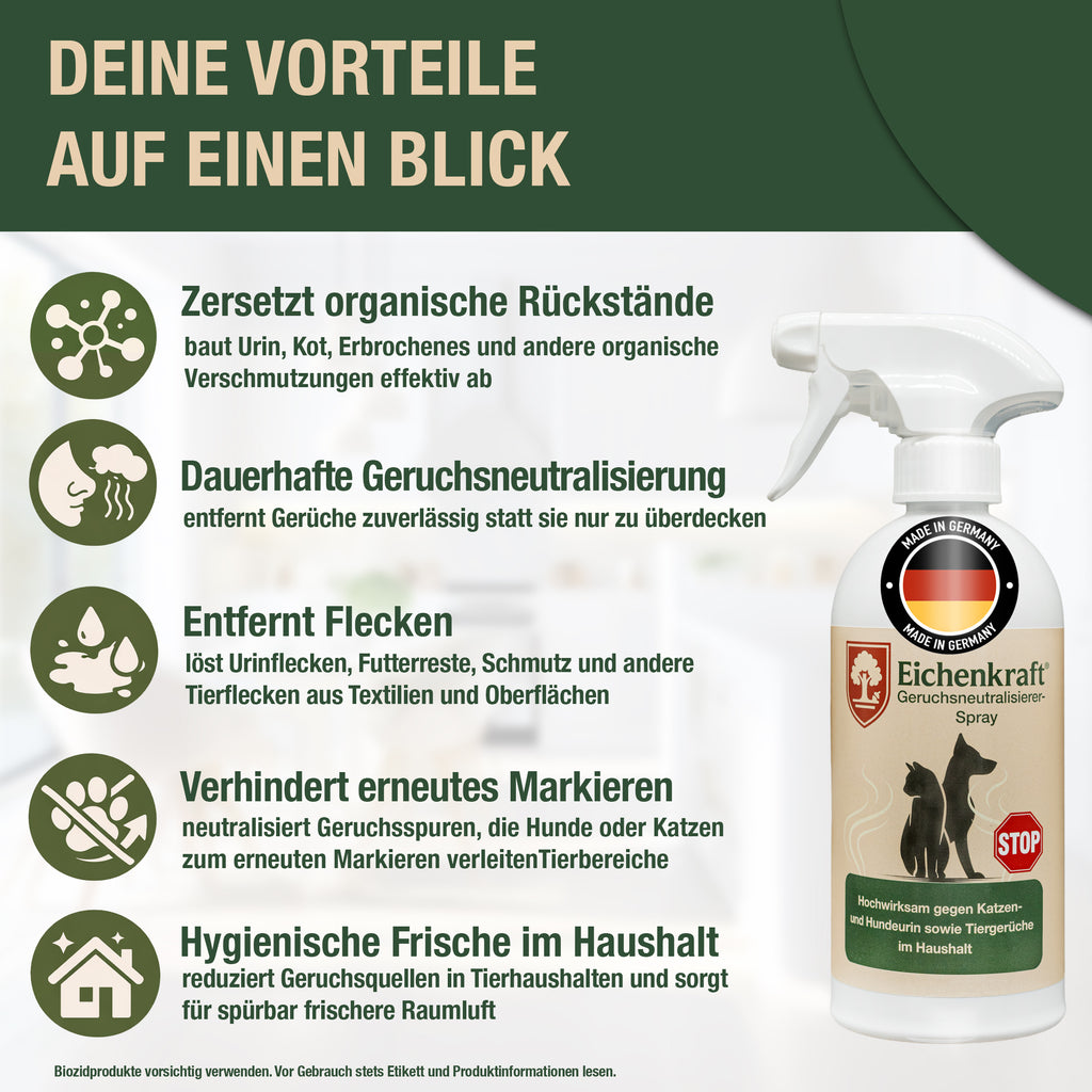 Eichenkraft Enzymreiniger & Geruchsneutralisierer Katzenurin – Enzymreiniger Hundeurin – Geruchsentferner & Textilerfrischer – Katzenurin Entferner für Haushalt & Textilien – 500ml