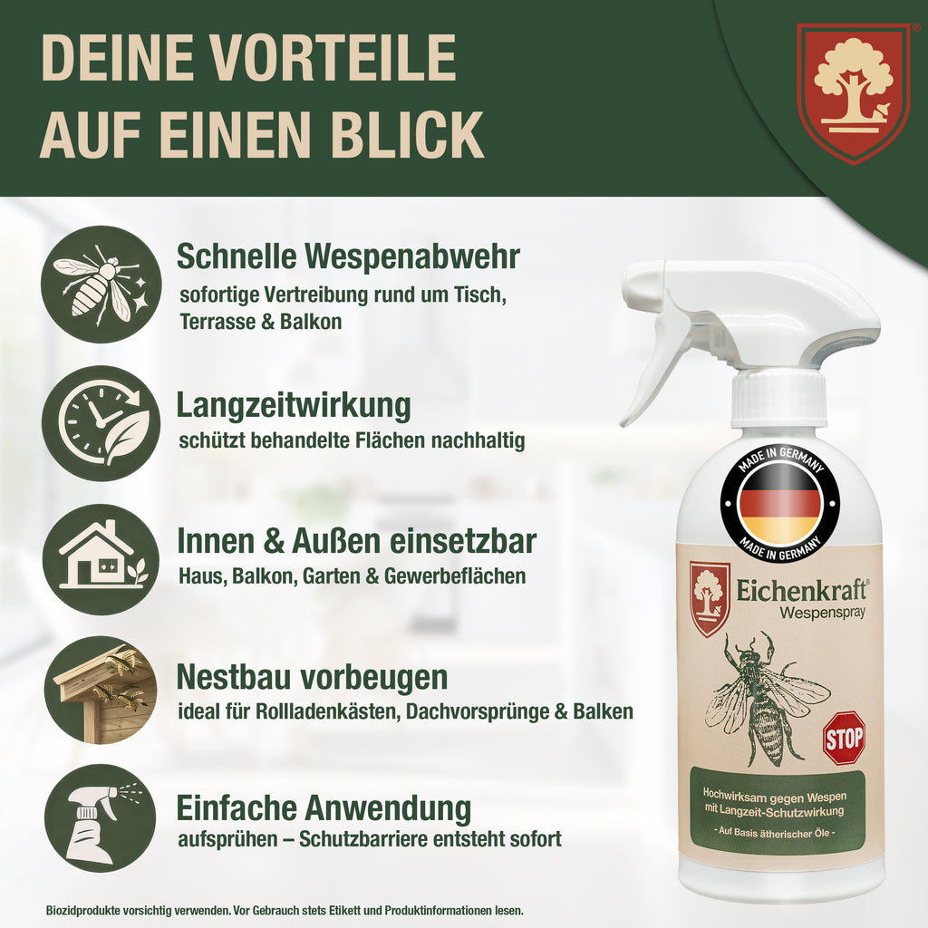 Wespenspray – Insektenspray gegen Wespen – Auf Basis ätherischer Öle – Für Haus, Terrasse, Balkon & Garten – Wespenabwehr Spray - 500ml