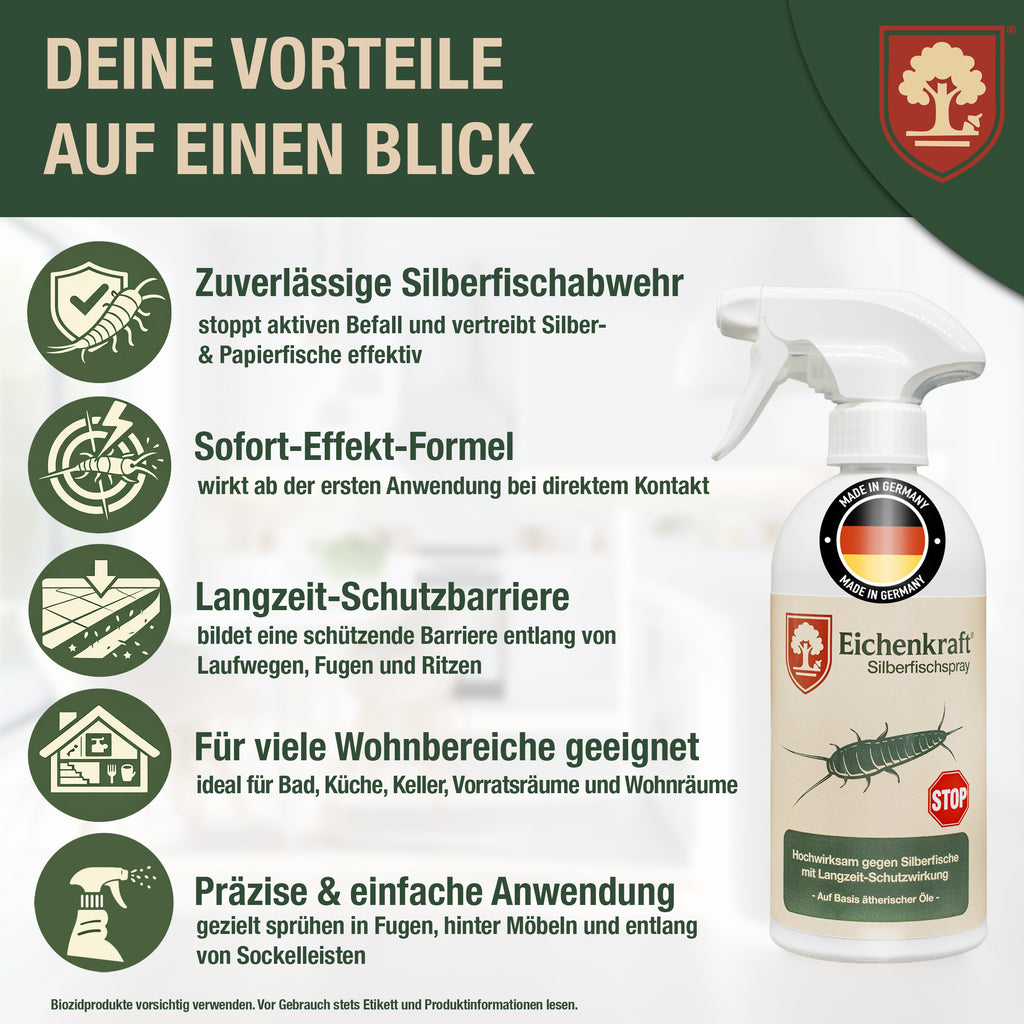 Eichenkraft Silberfischspray gegen Silberfische Papierfische – Ungezieferspray zur Tierabwehr im Haushalt – Alternative zu Silberfischfalle Silberfisch Köderdose – für Bad, Küche, Keller - 500ml