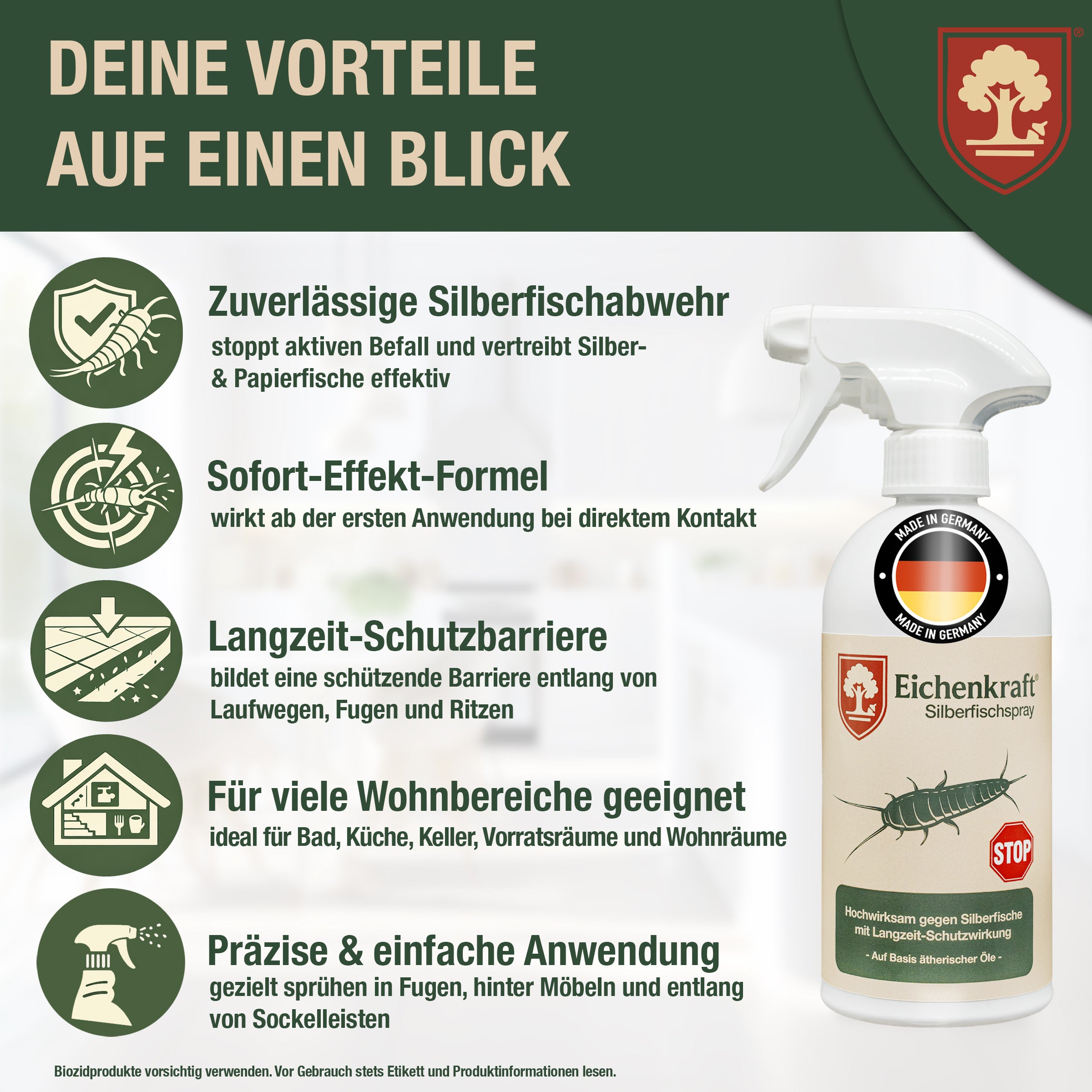 Eichenkraft Silberfischspray gegen Silberfische Papierfische – Ungezieferspray zur Tierabwehr im Haushalt – Alternative zu Silberfischfalle Silberfisch Köderdose – für Bad, Küche, Keller - 500ml