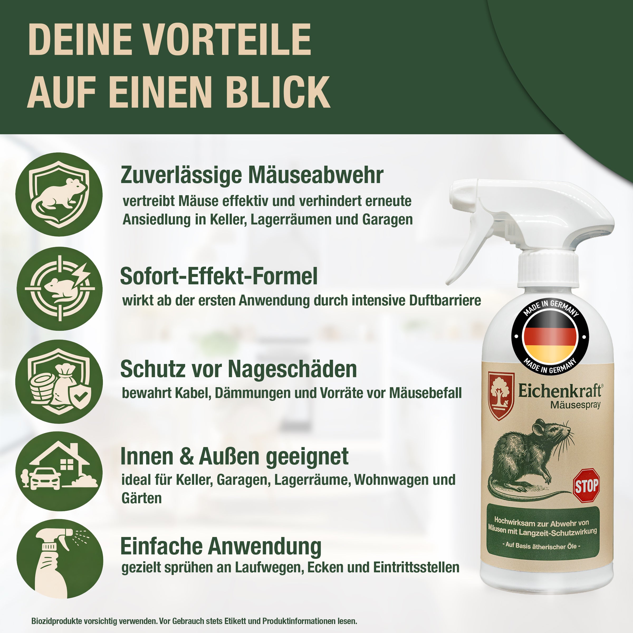 Eichenkraft Mäusespray für Haus, Keller & Garage - Langzeit – Alternative zu Mäusegift, Mäusefalle, Maulwurf Vertreiber, Rattenfalle & Rattengift Tierabwehrspray – 500ml