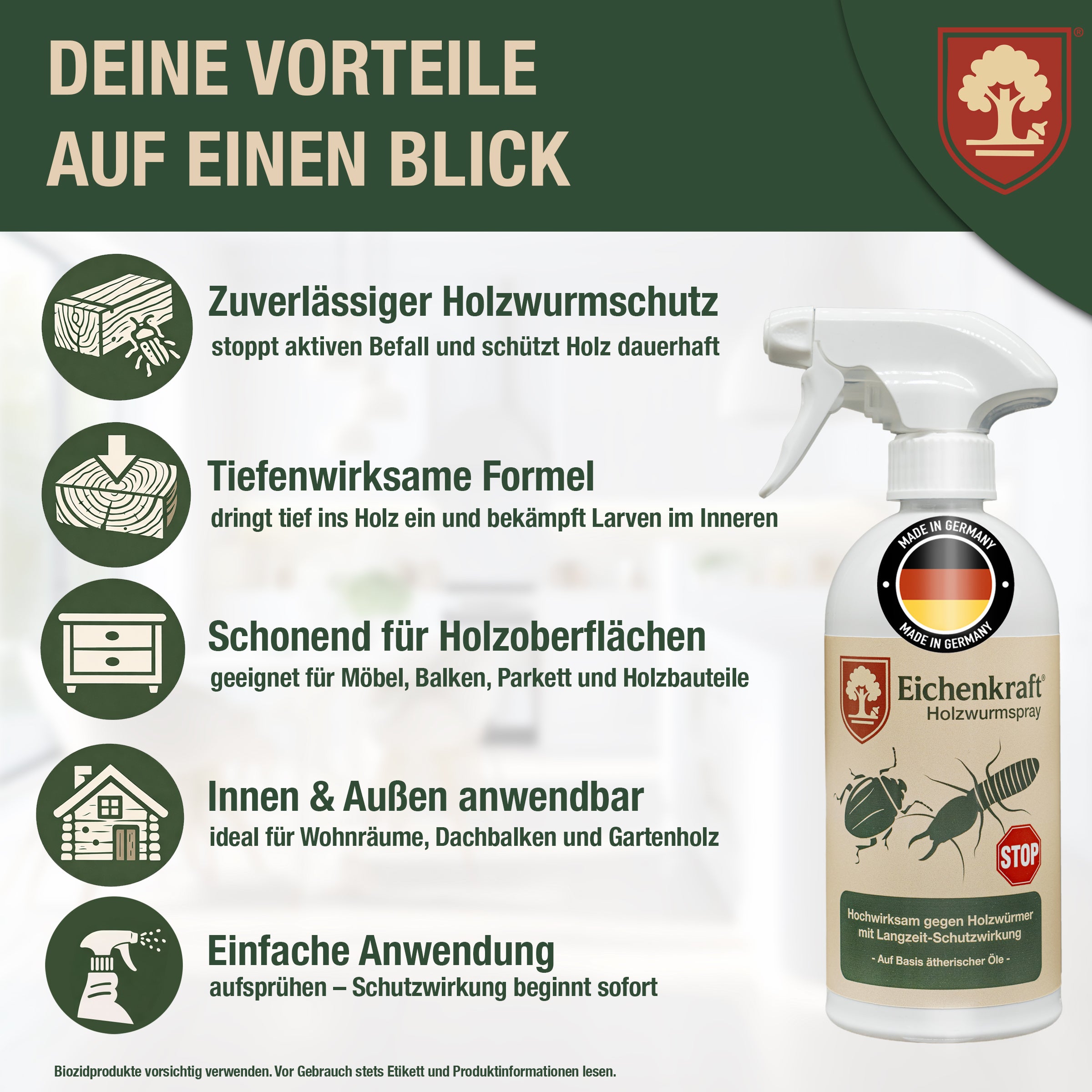 Eichenkraft Holzwurmspray – Hochwirksam Holzwurm bekämpfen - Starkes Holzwurmmittel gegen Holzwürmer Holzschädlinge – Geeignet für Möbel Balken Holzoberflächen - Auf Basis ätherischer Öle - 500ml