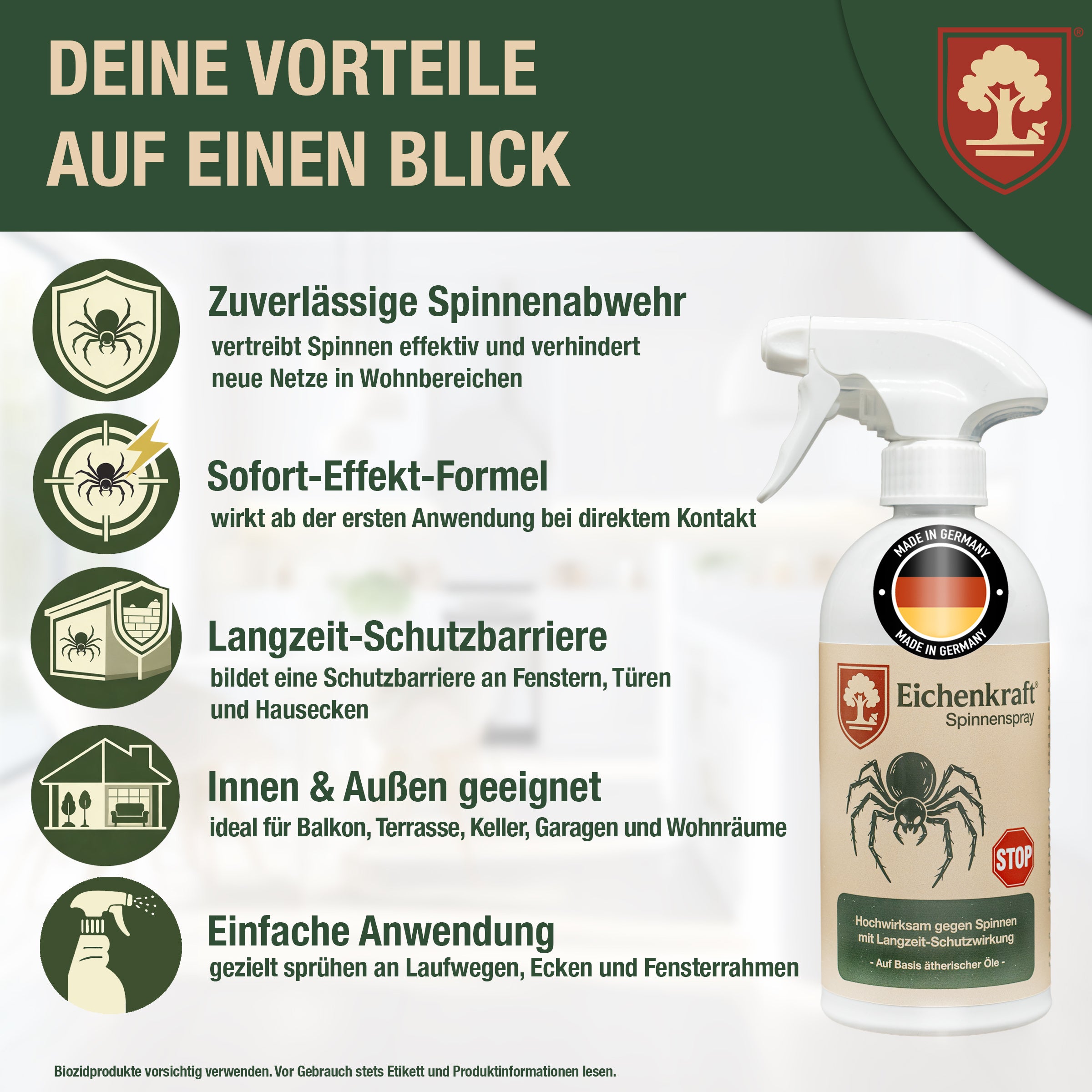 Spinnenspray – Hochwirksam gegen Spinnen – Langzeit-Schutzwirkung – Abwehr & Vorbeugung – Auf Basis ätherischer Öle – Für Haushalt, Keller, Garage & Wohnräume – 500ml