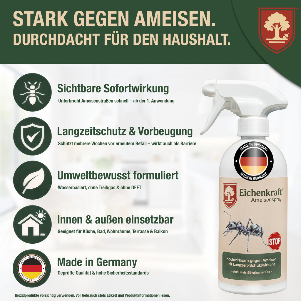 Eichenkraft Ameisenspray – Insektenspray gegen Ameisen – Ameisenköderdose – Auf Basis ätherischer Öle – Für Haus, Terrasse, Balkon & Garten – Ameisenabwehr Spray - 500ml