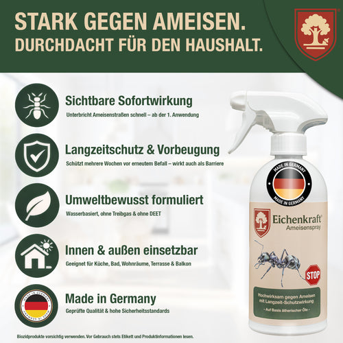 Eichenkraft Ameisenspray – Insektenspray gegen Ameisen – Ameisenköderdose – Auf Basis ätherischer Öle – Für Haus, Terrasse, Balkon & Garten – Ameisenabwehr Spray - 500ml