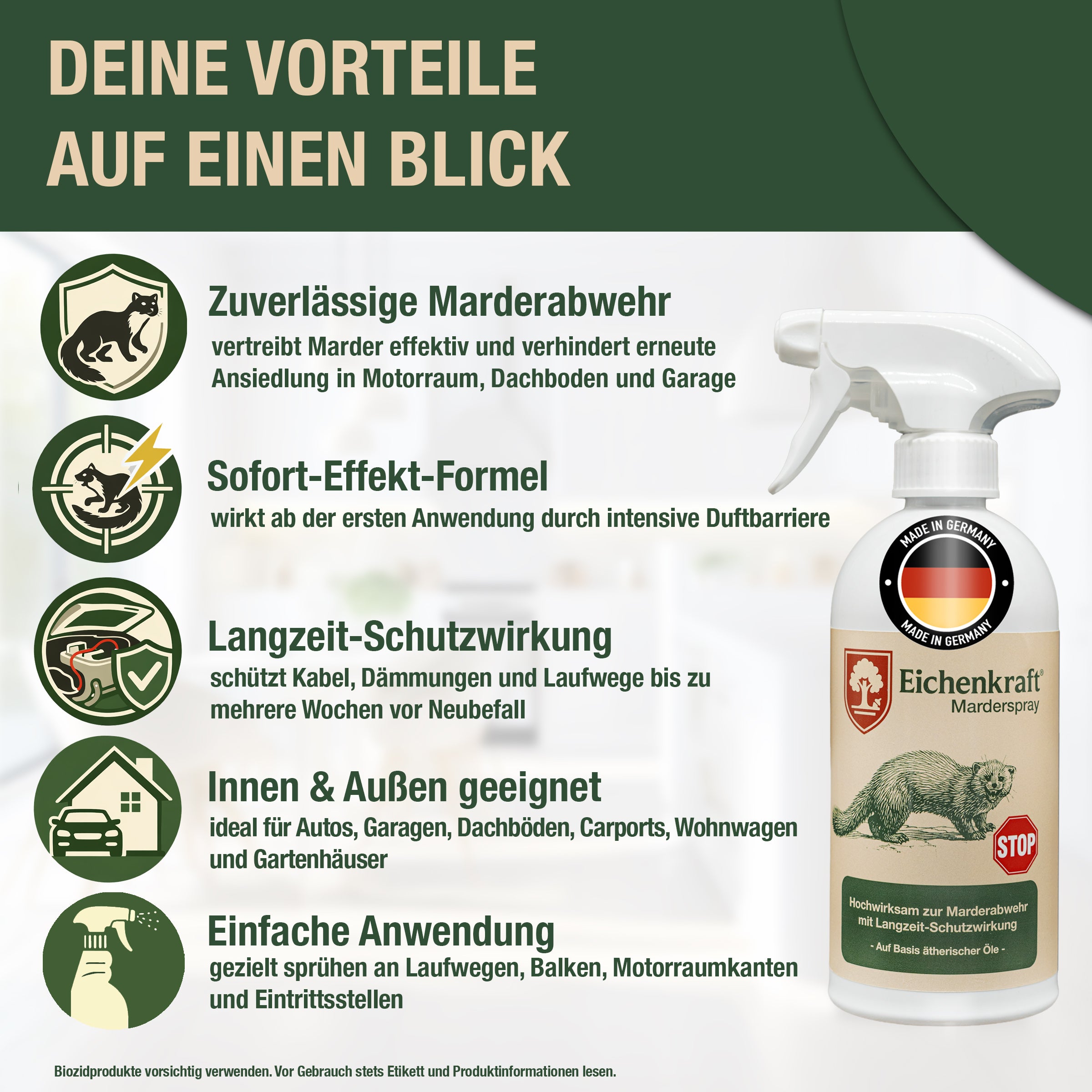 Marderspray – Marderschrecker Auto & Marderabwehr Auto – Marderschutz für Auto, Dachboden & Garage – Nagerabwehr & Tierabwehrspray mit Langzeitwirkung - 500ml