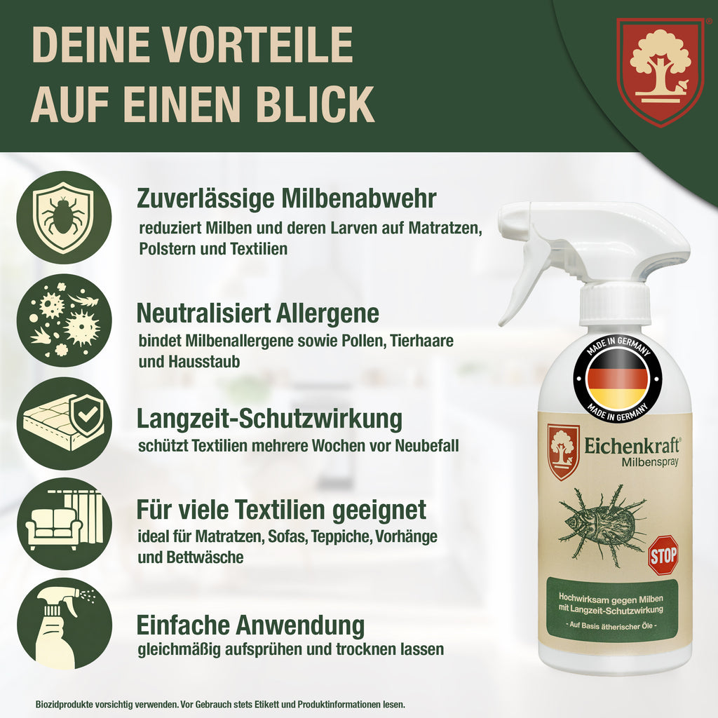 Milbenspray Hochwirksam gegen Milben – Langzeit-Schutzwirkung – Für Haushalt, Polster, Matratze & Tierumgebung – Auf Basis ätherischer Öle – 500ml