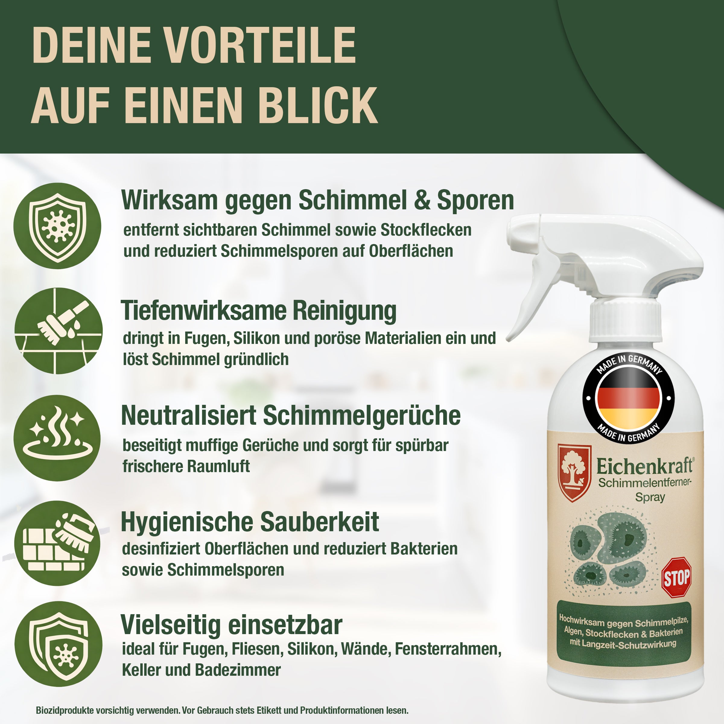 Schimmelentferner 500 ml – Entfernt Schimmel, Stockflecken & Algen – Hochwirksam gegen Schimmelpilze & Bakterien – Langzeit-Schutzwirkung – Für Bad, Küche, Wände & Fugen – Made in Germany