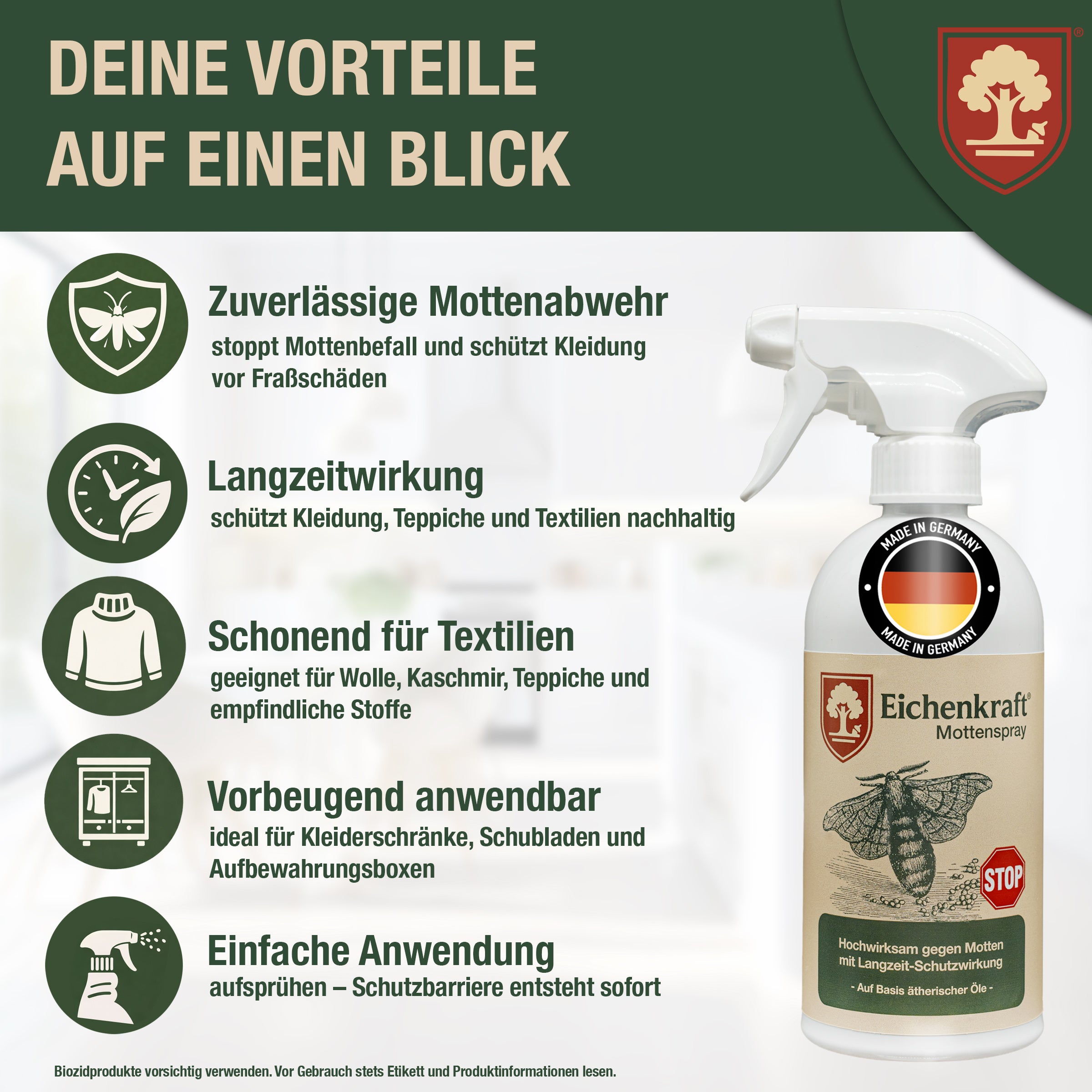 Eichenkraft Mottenspray – Hochwirksames Mottenspray gegen Kleidermotten & Mottenbefall – Langzeit-Schutzwirkung – Für Kleiderschrank, Textilien, Teppiche & Haushalt – Auf Basis ätherischer Öle - 500ml