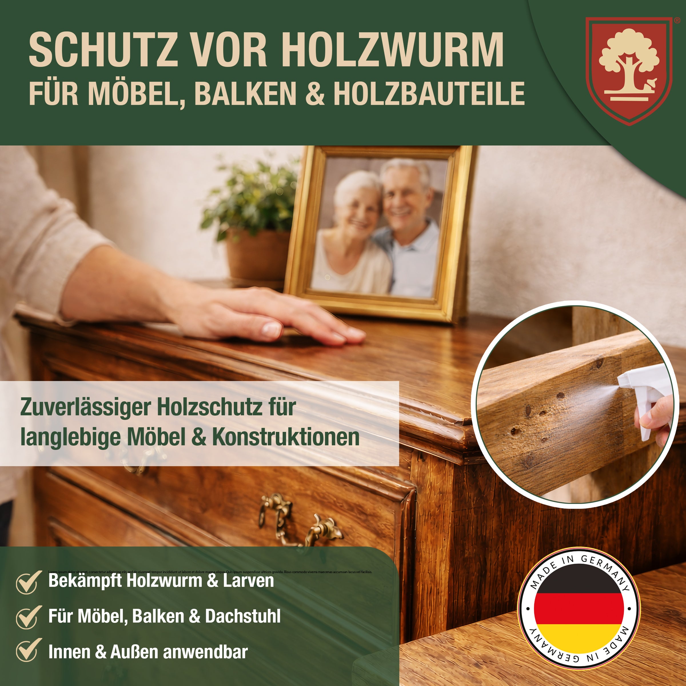 Eichenkraft Holzwurmspray – Hochwirksam Holzwurm bekämpfen - Starkes Holzwurmmittel gegen Holzwürmer Holzschädlinge – Geeignet für Möbel Balken Holzoberflächen - Auf Basis ätherischer Öle - 500ml