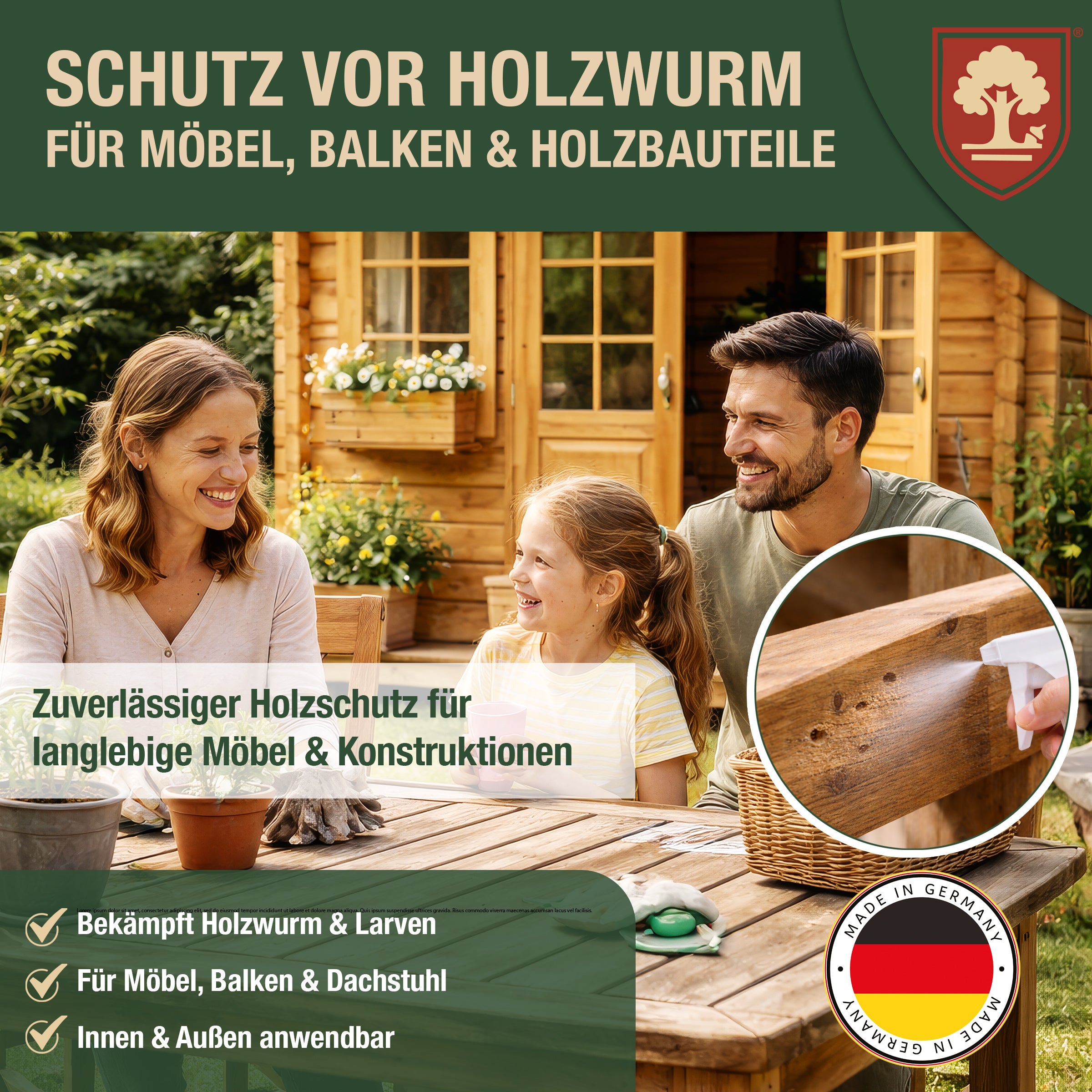 Eichenkraft Holzwurmspray – Hochwirksam Holzwurm bekämpfen - Starkes Holzwurmmittel gegen Holzwürmer Holzschädlinge – Geeignet für Möbel Balken Holzoberflächen - Auf Basis ätherischer Öle - 500ml