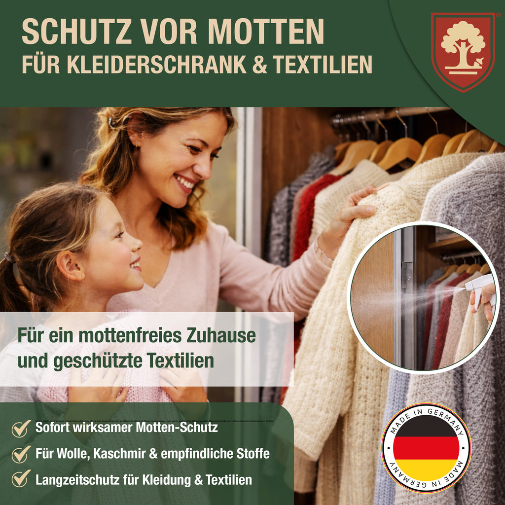 Eichenkraft Mottenspray – Hochwirksames Mottenspray gegen Kleidermotten & Mottenbefall – Langzeit-Schutzwirkung – Für Kleiderschrank, Textilien, Teppiche & Haushalt – Auf Basis ätherischer Öle - 500ml