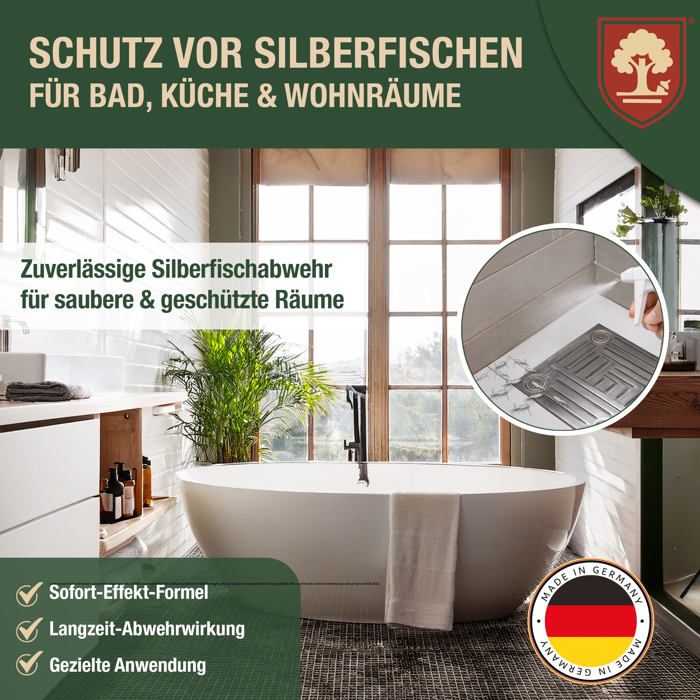 Eichenkraft Silberfischspray gegen Silberfische Papierfische – Ungezieferspray zur Tierabwehr im Haushalt – Alternative zu Silberfischfalle Silberfisch Köderdose – für Bad, Küche, Keller - 500ml