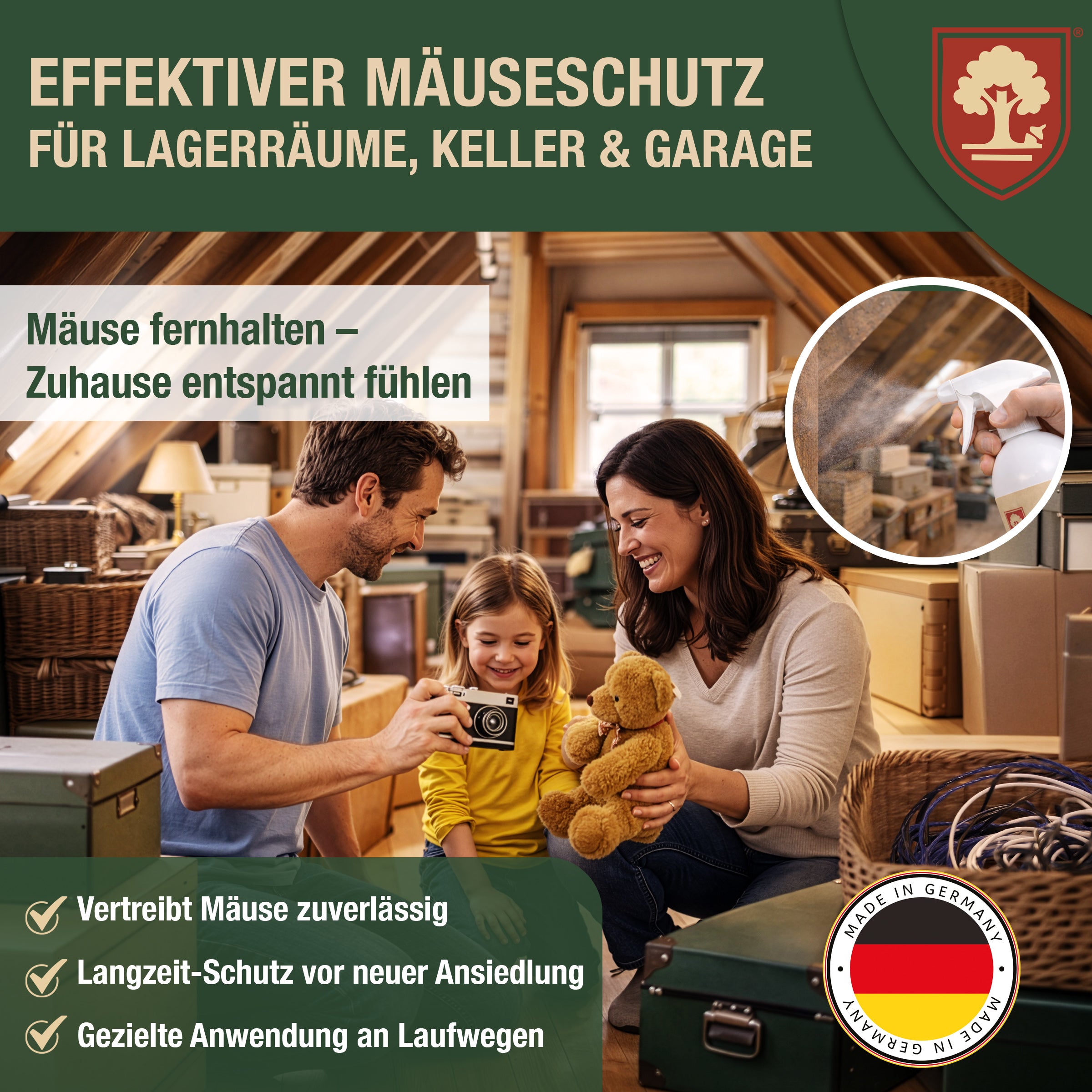 Eichenkraft Mäusespray für Haus, Keller & Garage - Langzeit – Alternative zu Mäusegift, Mäusefalle, Maulwurf Vertreiber, Rattenfalle & Rattengift Tierabwehrspray – 500ml