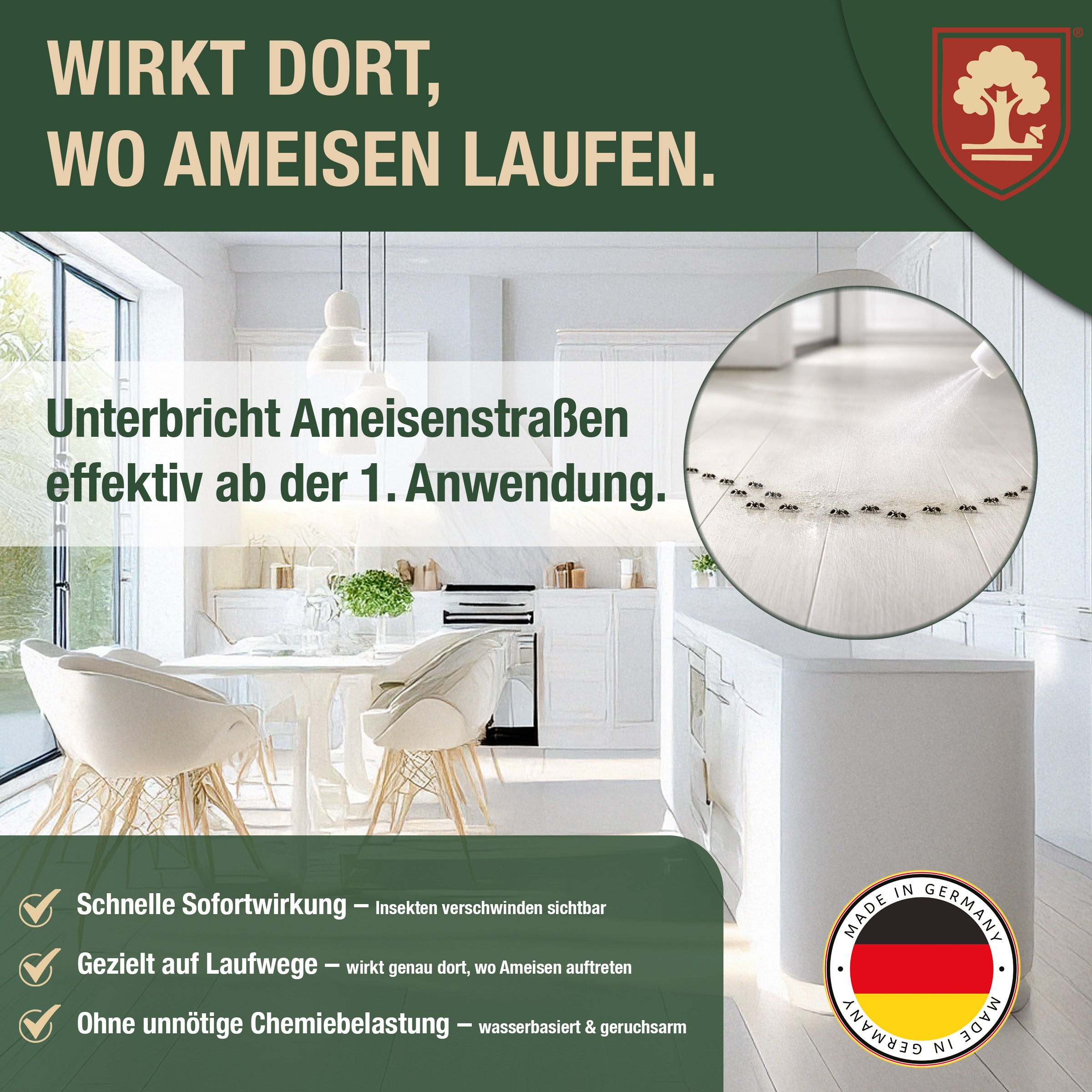 Eichenkraft Ameisenspray – Insektenspray gegen Ameisen – Ameisenköderdose – Auf Basis ätherischer Öle – Für Haus, Terrasse, Balkon & Garten – Ameisenabwehr Spray - 500ml