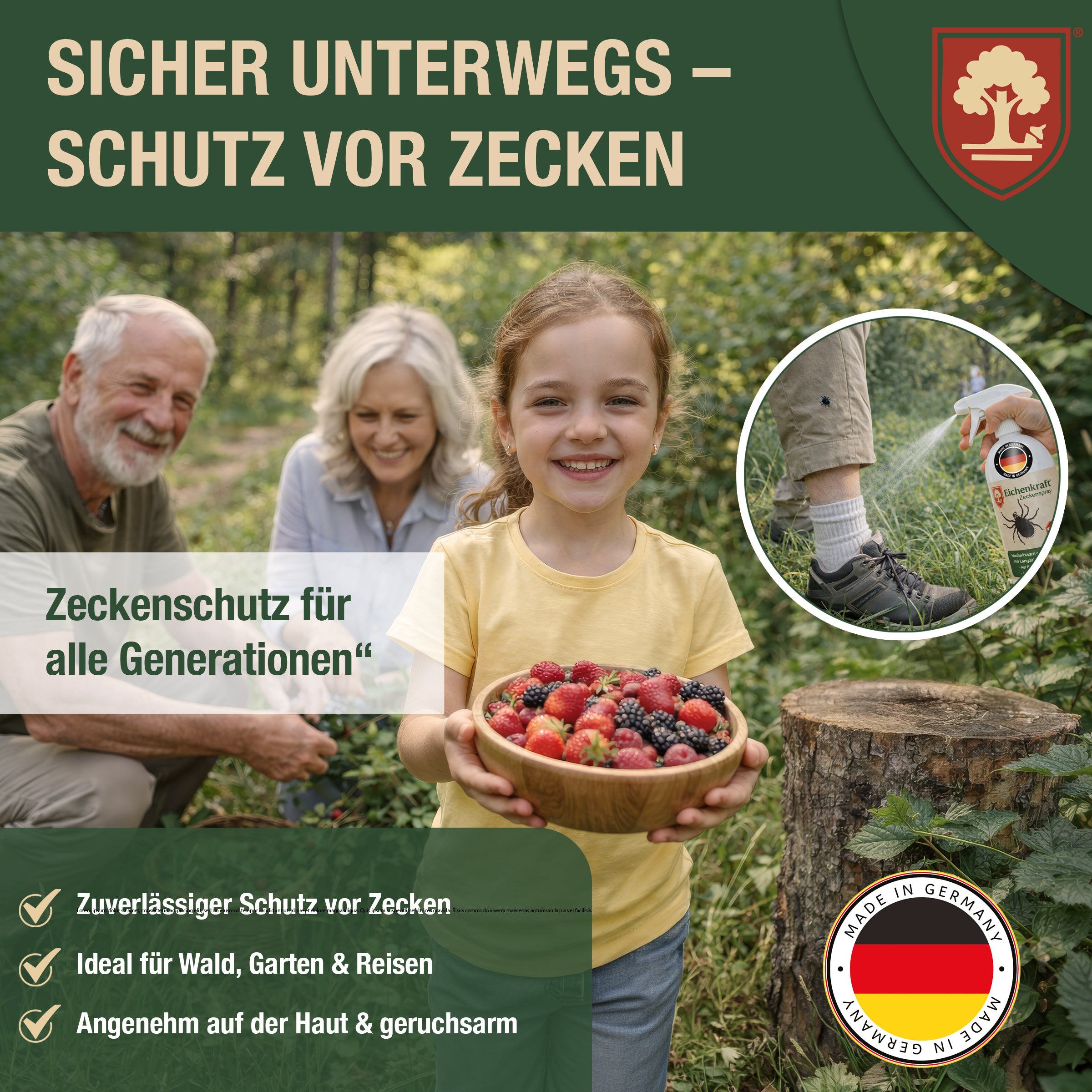 Eichenkraft Zeckenspray – Hochwirksam gegen Zecken – Langzeit-Schutzwirkung – Zeckenschutz Spray für Haut & Outdoor – Auf Basis ätherischer Öle – 200ml