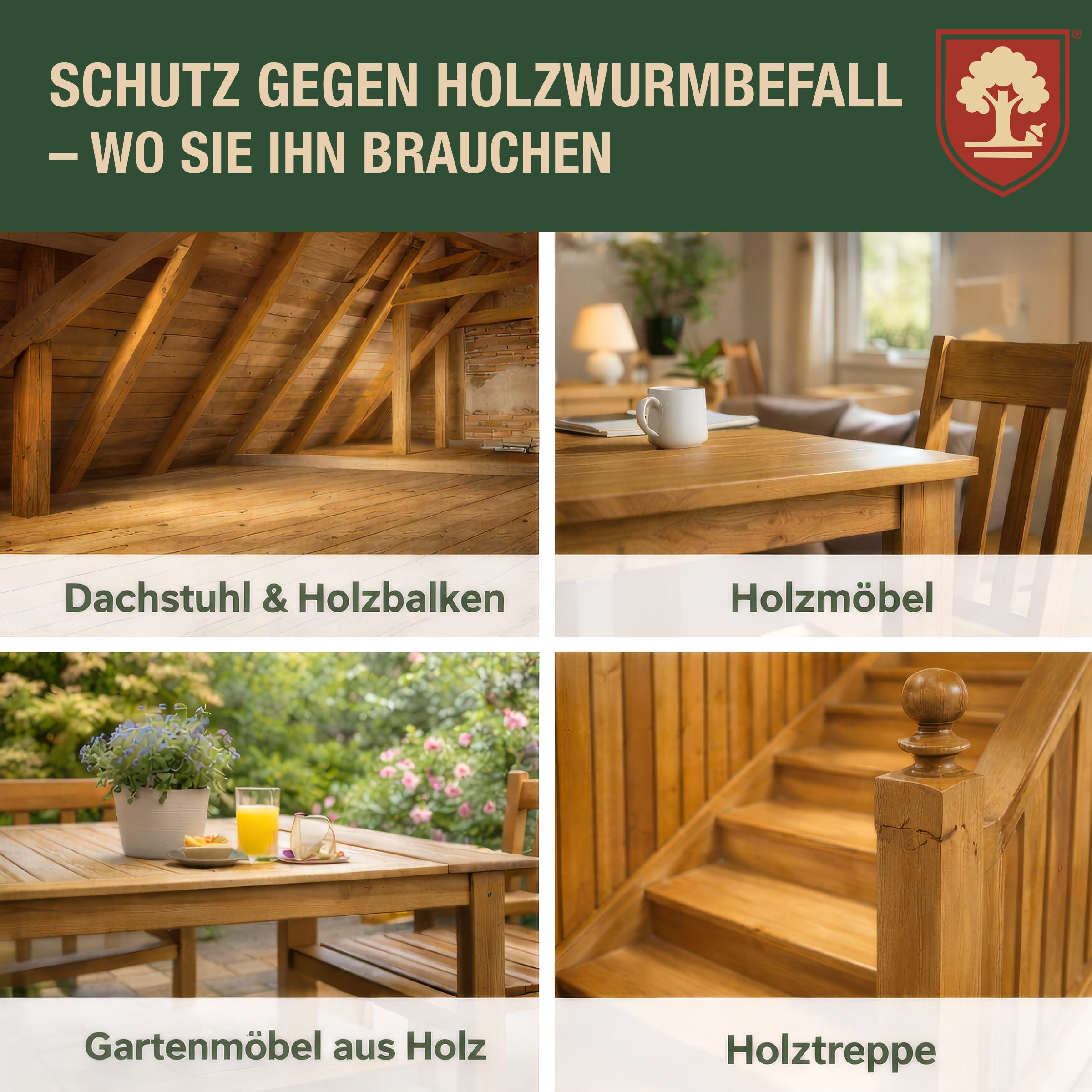 Eichenkraft Holzwurmspray – Hochwirksam Holzwurm bekämpfen - Starkes Holzwurmmittel gegen Holzwürmer Holzschädlinge – Geeignet für Möbel Balken Holzoberflächen - Auf Basis ätherischer Öle - 500ml
