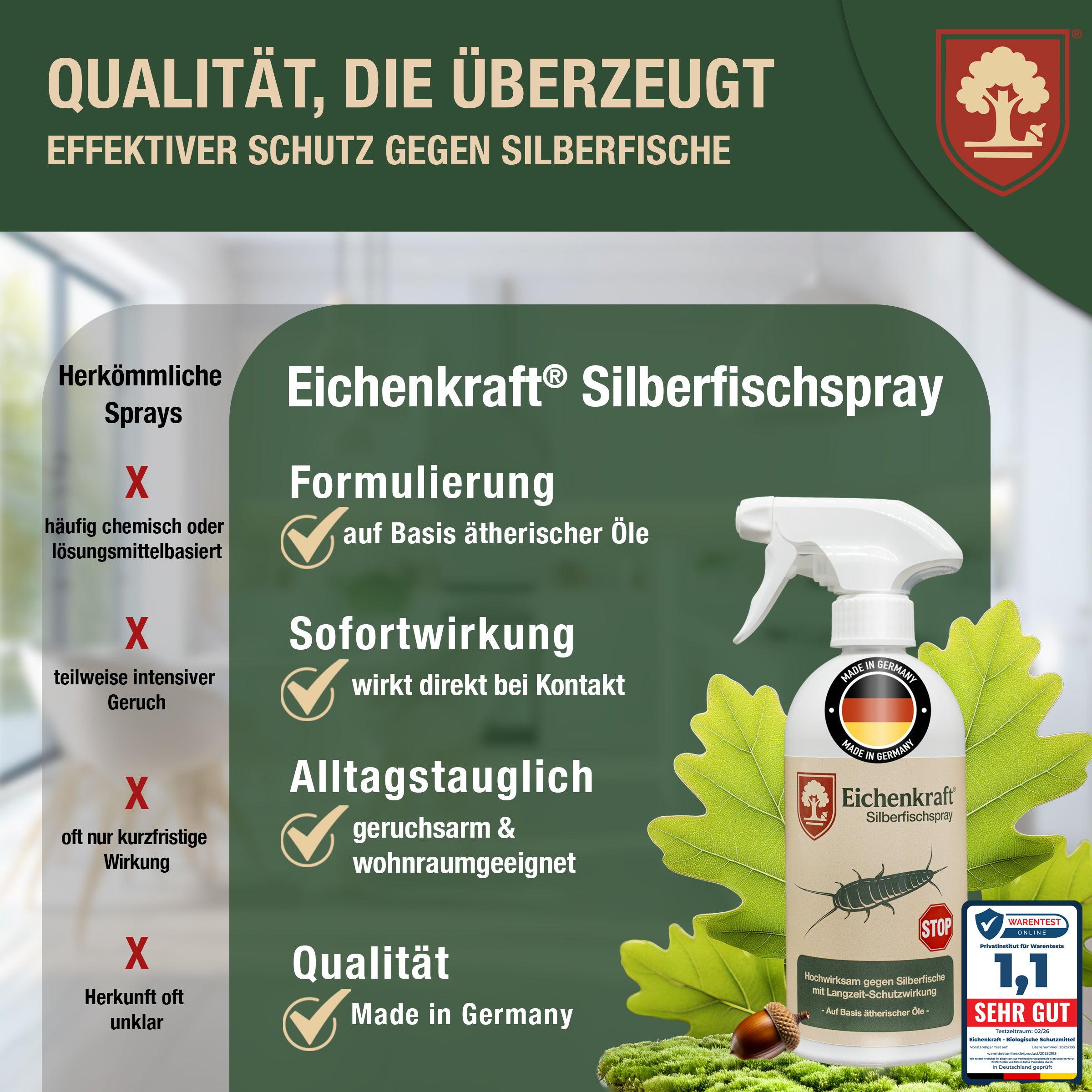 Eichenkraft Silberfischspray gegen Silberfische Papierfische – Ungezieferspray zur Tierabwehr im Haushalt – Alternative zu Silberfischfalle Silberfisch Köderdose – für Bad, Küche, Keller - 500ml