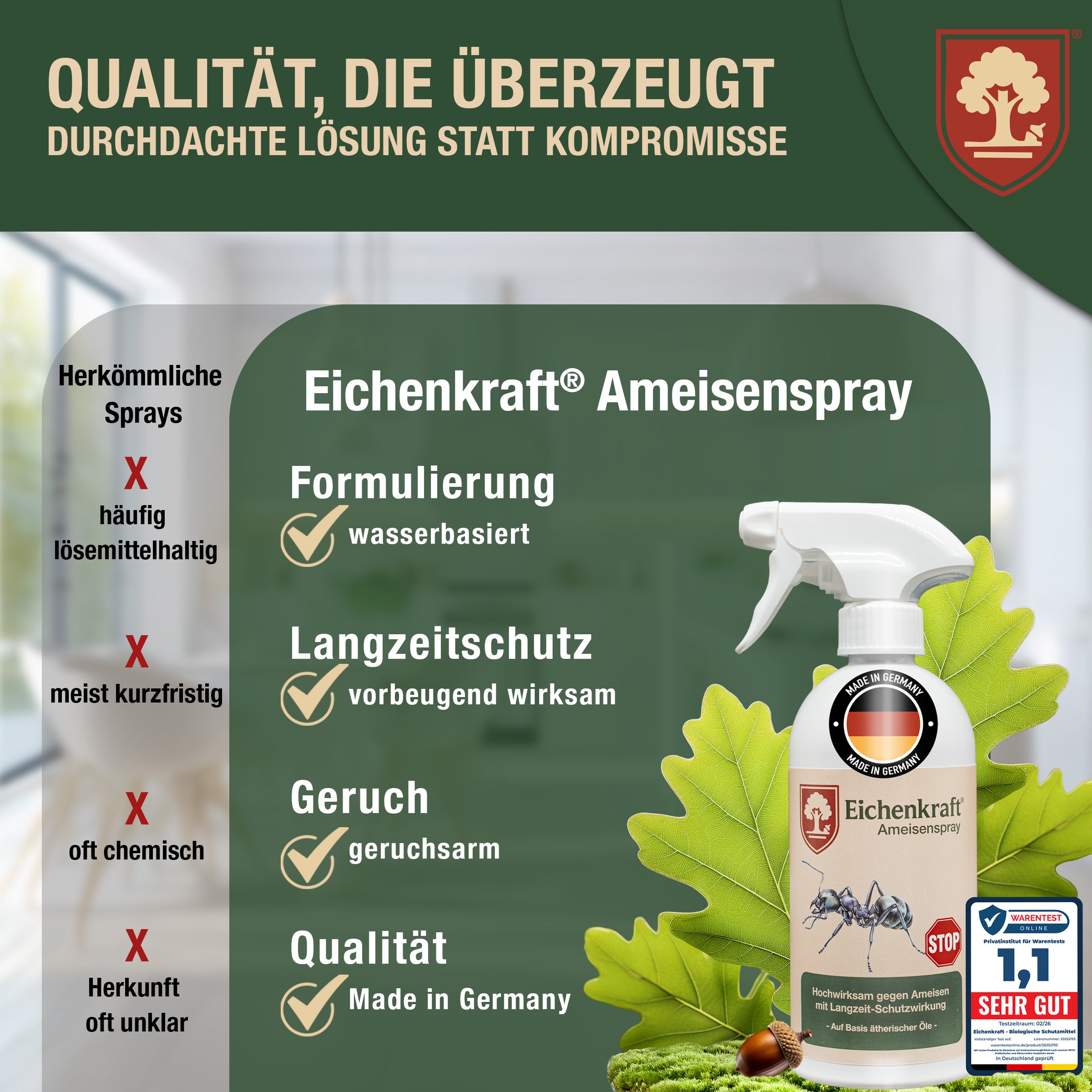 Eichenkraft Ameisenspray – Insektenspray gegen Ameisen – Ameisenköderdose – Auf Basis ätherischer Öle – Für Haus, Terrasse, Balkon & Garten – Ameisenabwehr Spray - 500ml
