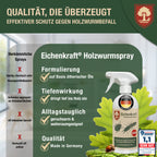 Eichenkraft Holzwurmspray – Hochwirksam Holzwurm bekämpfen - Starkes Holzwurmmittel gegen Holzwürmer Holzschädlinge – Geeignet für Möbel Balken Holzoberflächen - Auf Basis ätherischer Öle - 500ml