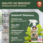 Eichenkraft Mottenspray – Hochwirksames Mottenspray gegen Kleidermotten & Mottenbefall – Langzeit-Schutzwirkung – Für Kleiderschrank, Textilien, Teppiche & Haushalt – Auf Basis ätherischer Öle - 500ml