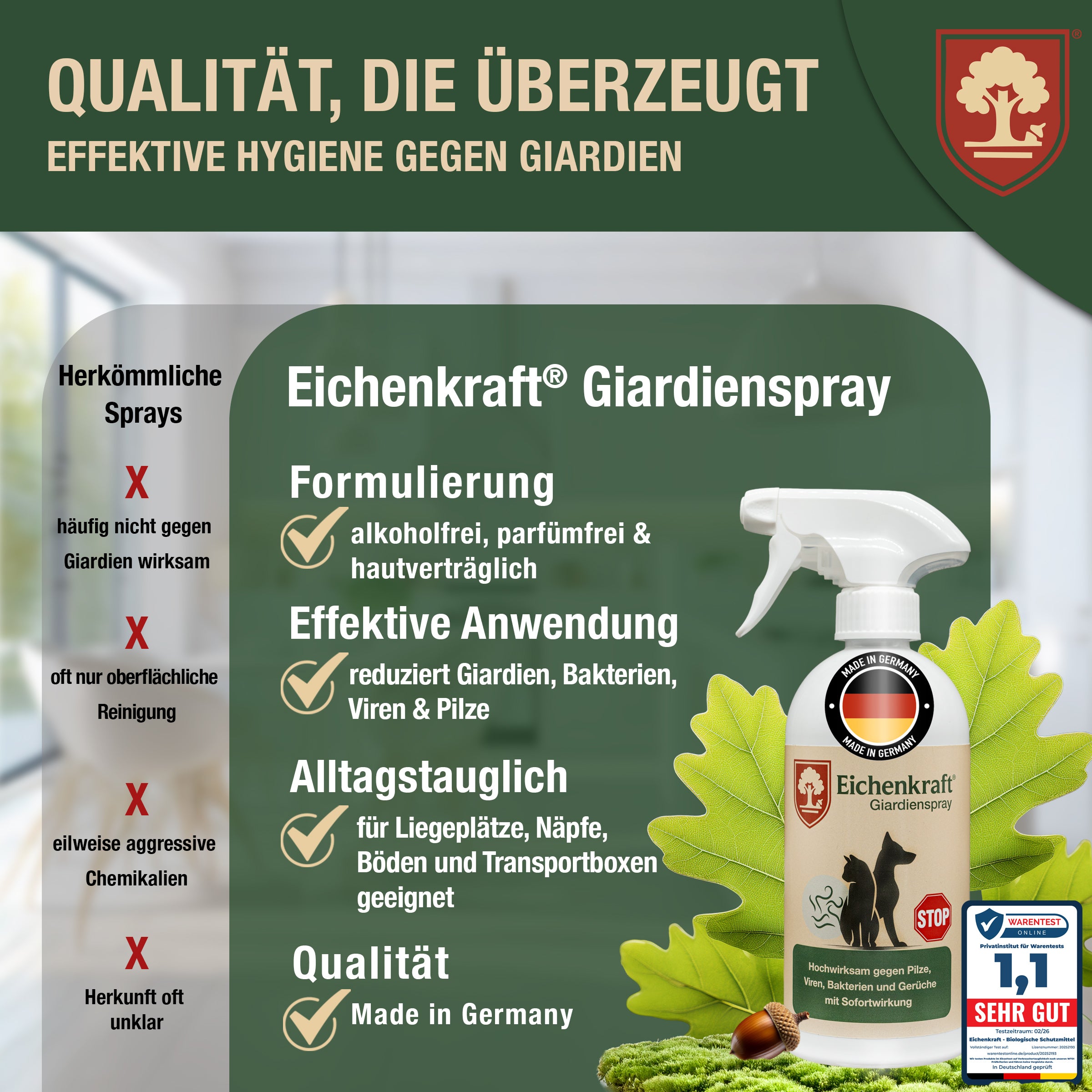 Eichenkraft Giardienspray – Giardien Desinfektionsmittel für Hund & Katze – Hygienespray bei Giardien Befall – Ergänzend zu Giardien Schnelltest Hund & Giardien Schnelltest Katze - 500ml