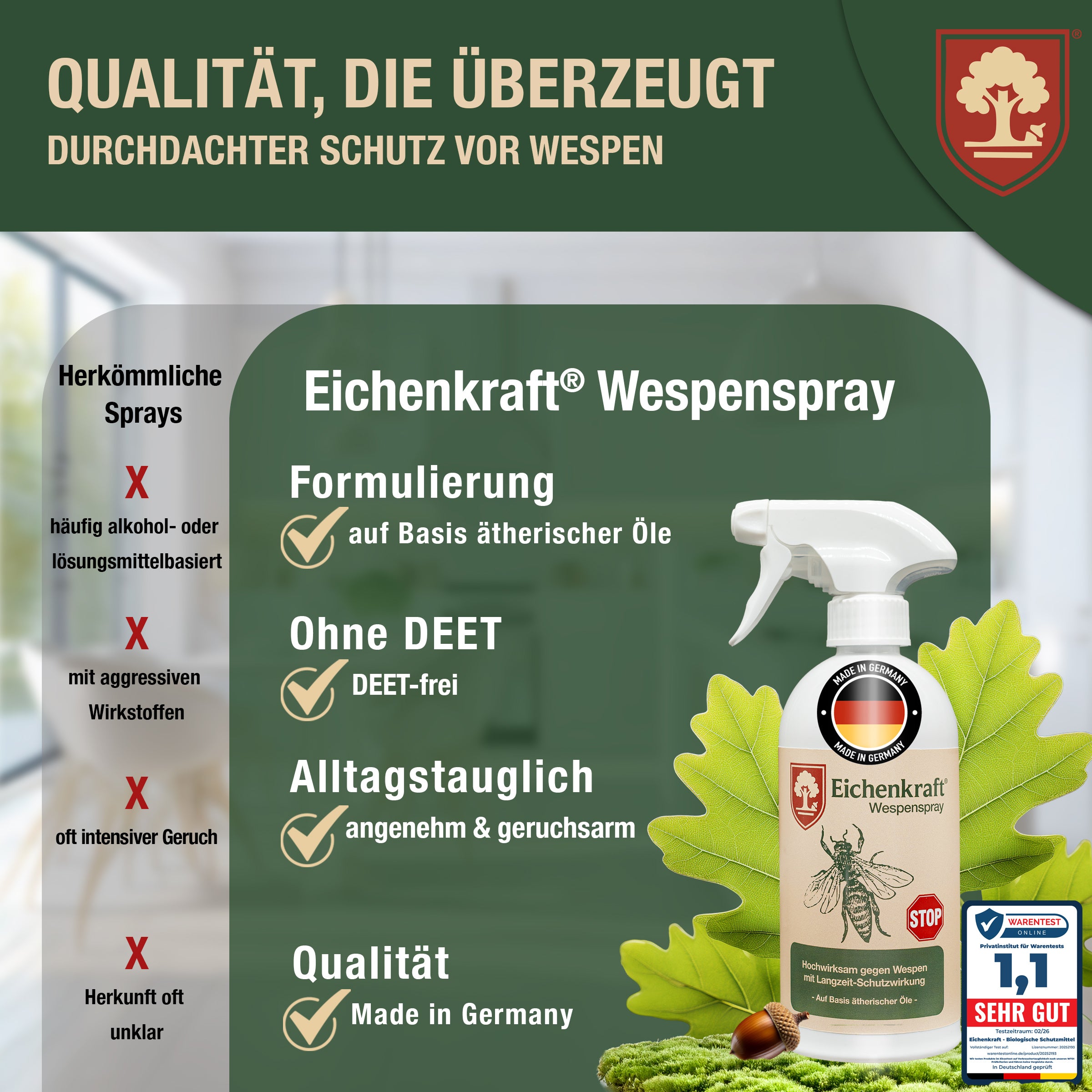 Wespenspray – Insektenspray gegen Wespen – Auf Basis ätherischer Öle – Für Haus, Terrasse, Balkon & Garten – Wespenabwehr Spray - 500ml