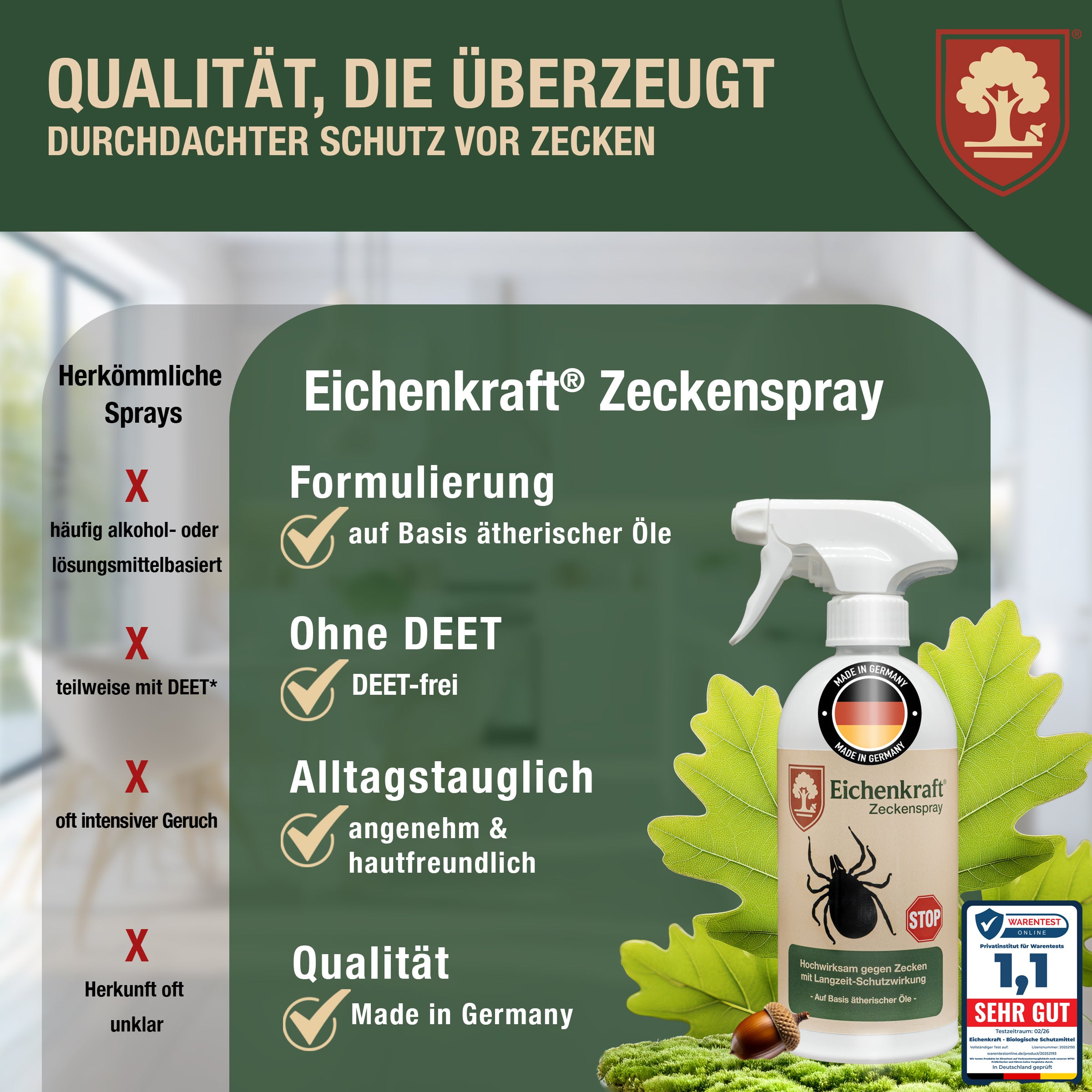 Eichenkraft Zeckenspray – Hochwirksam gegen Zecken – Langzeit-Schutzwirkung – Zeckenschutz Spray für Haut & Outdoor – Auf Basis ätherischer Öle – 200ml